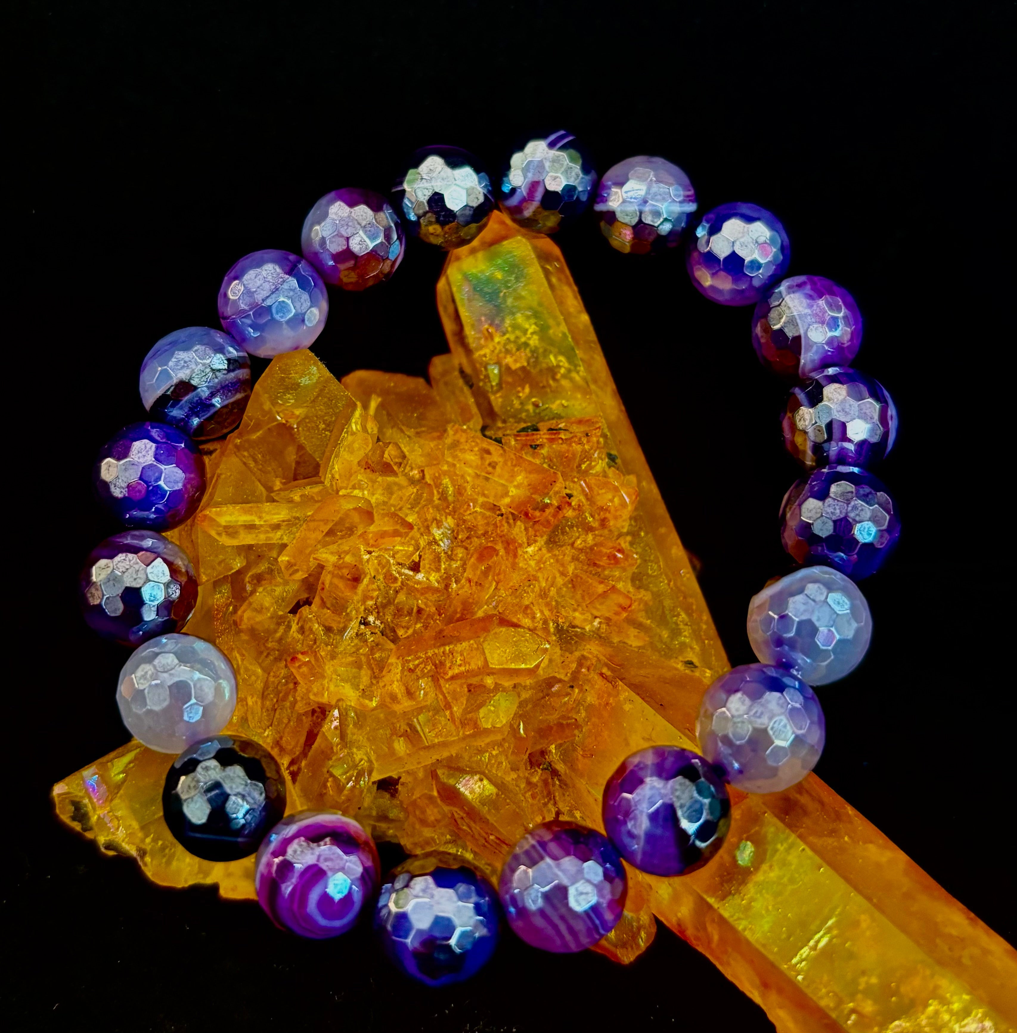 Mystic Purple Banded Agate Faceted Stretch Bracelet Statement Piece