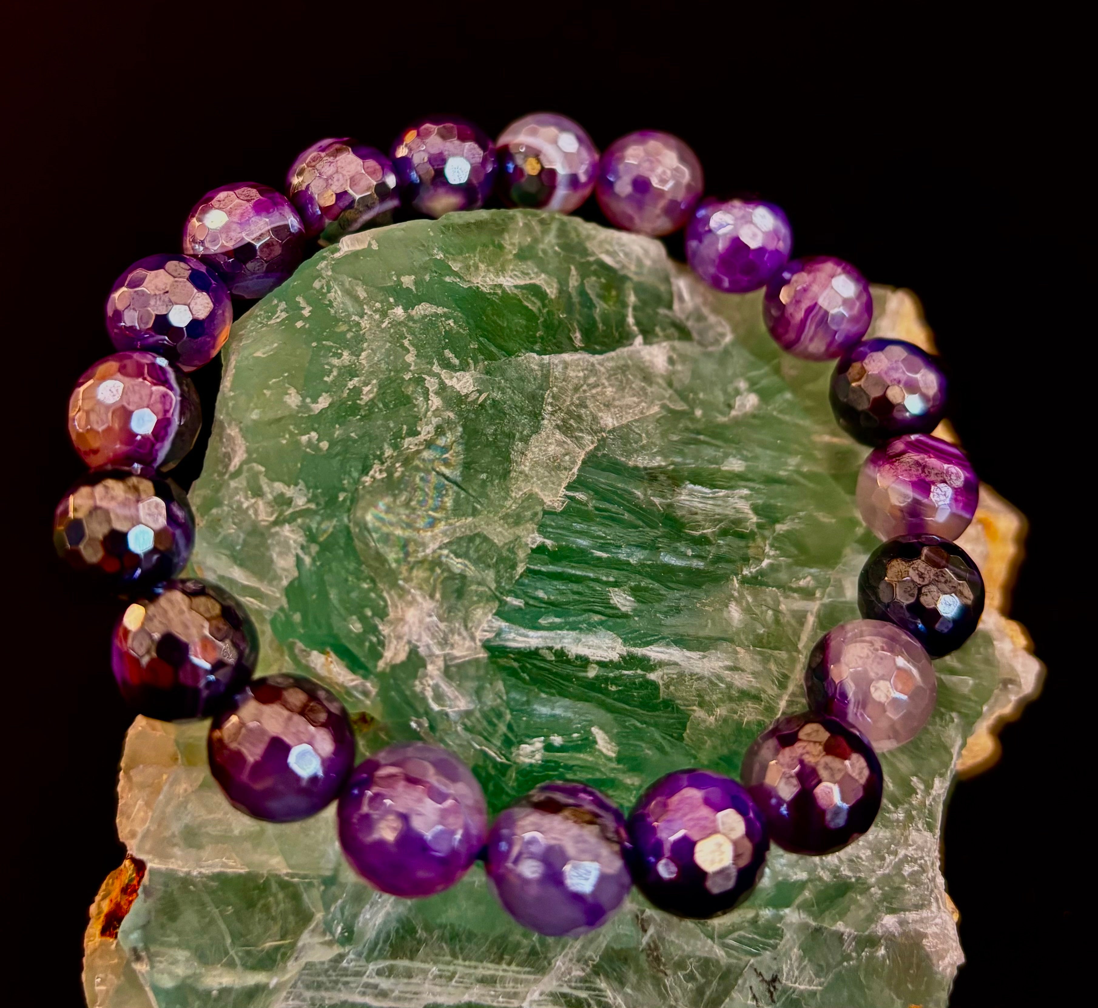 Mystic Purple Banded Agate Faceted Stretch Bracelet Statement Piece