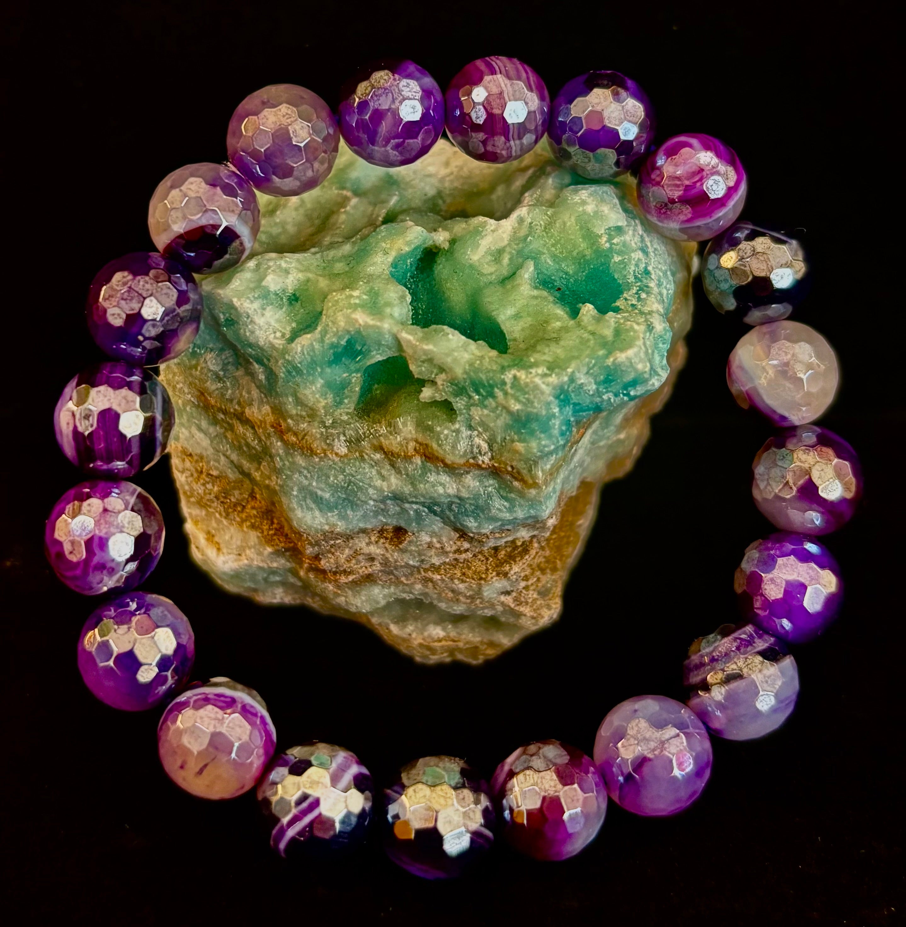 Mystic Purple Banded Agate Faceted Stretch Bracelet Statement Piece