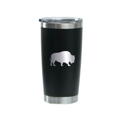 Matte black 20oz stainless steel tumbler with silver branding and magnetic lid