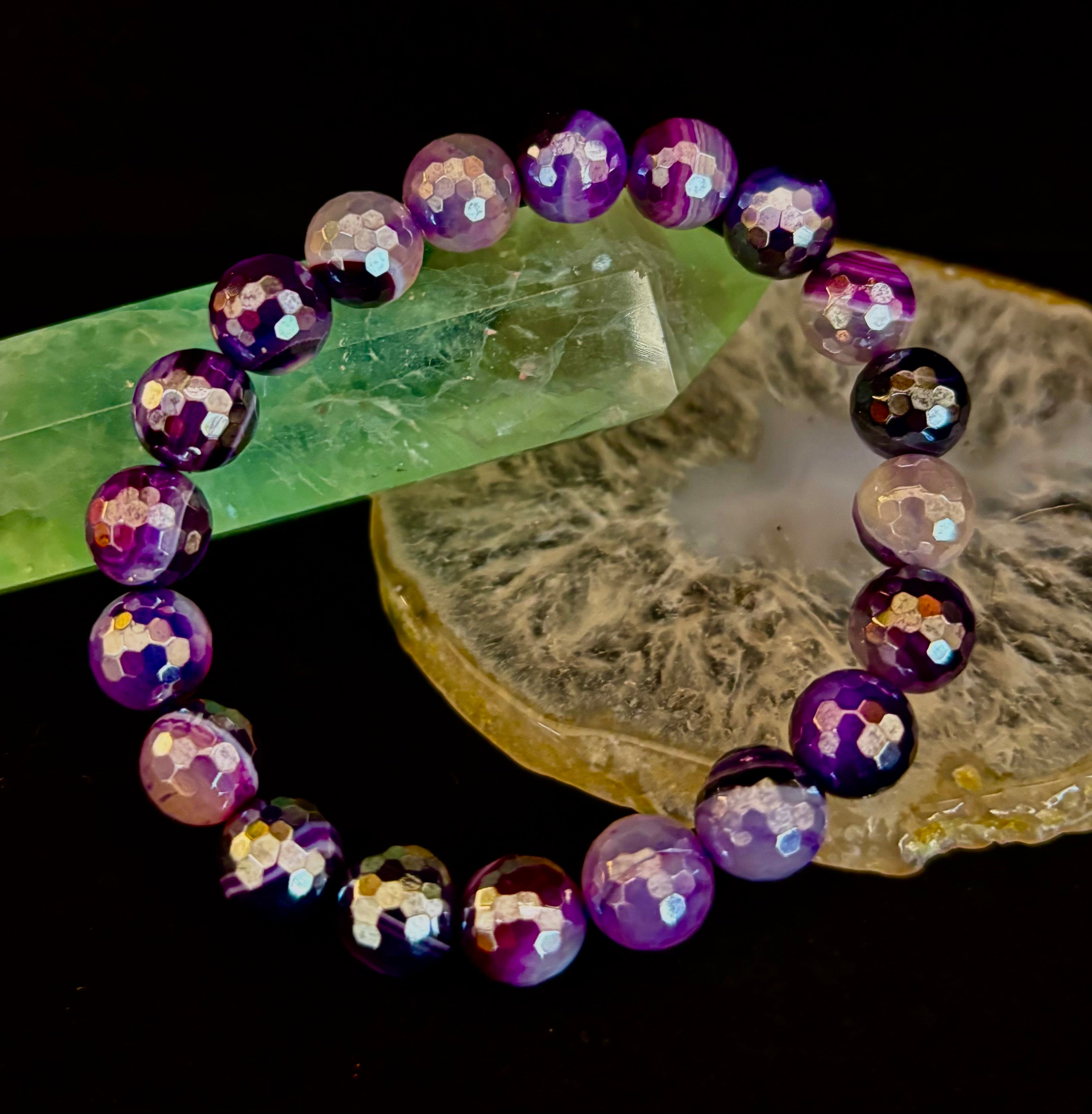 Mystic Purple Banded Agate Faceted Stretch Bracelet Statement Piece