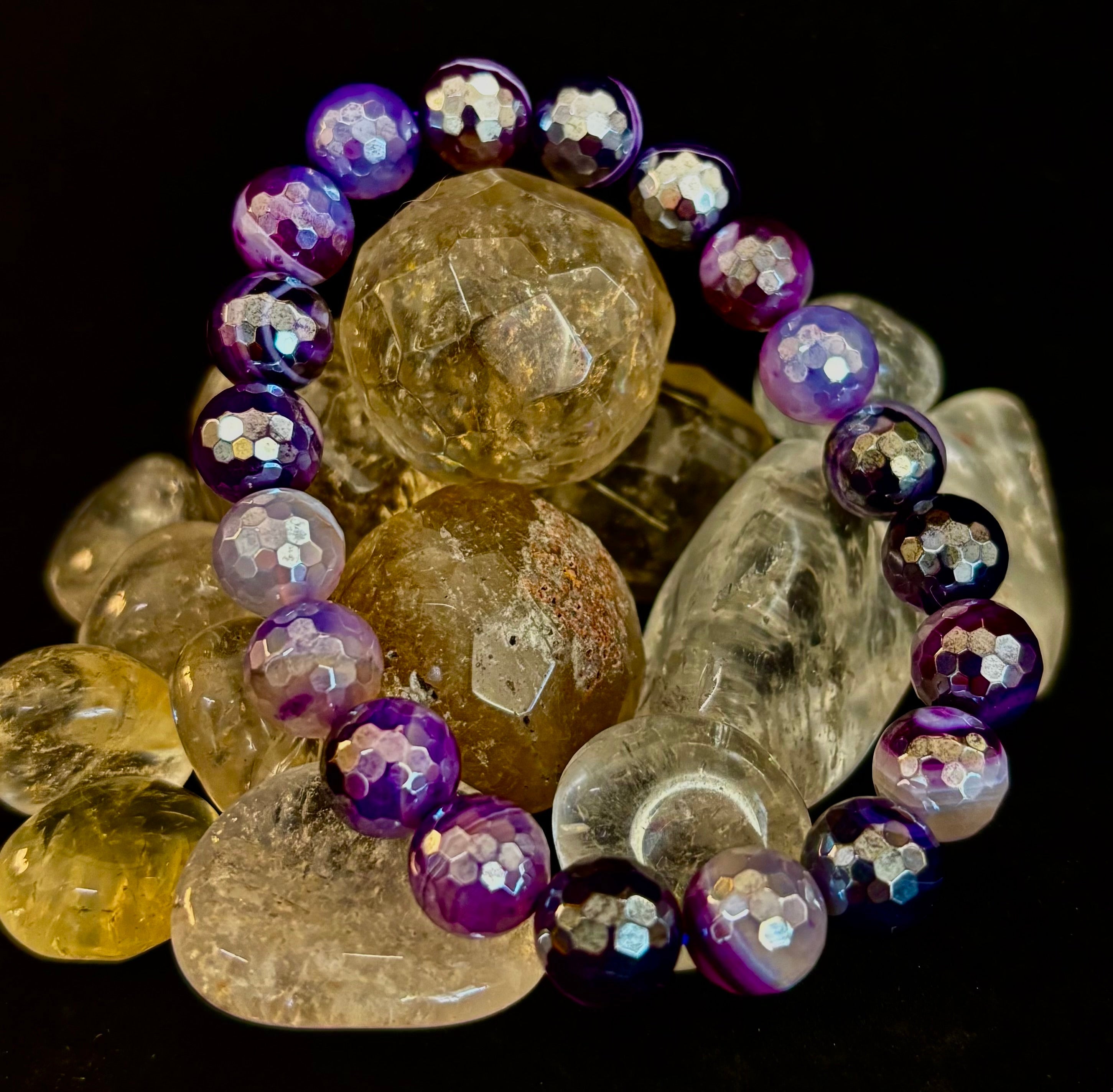 Mystic Purple Banded Agate Faceted Stretch Bracelet Statement Piece