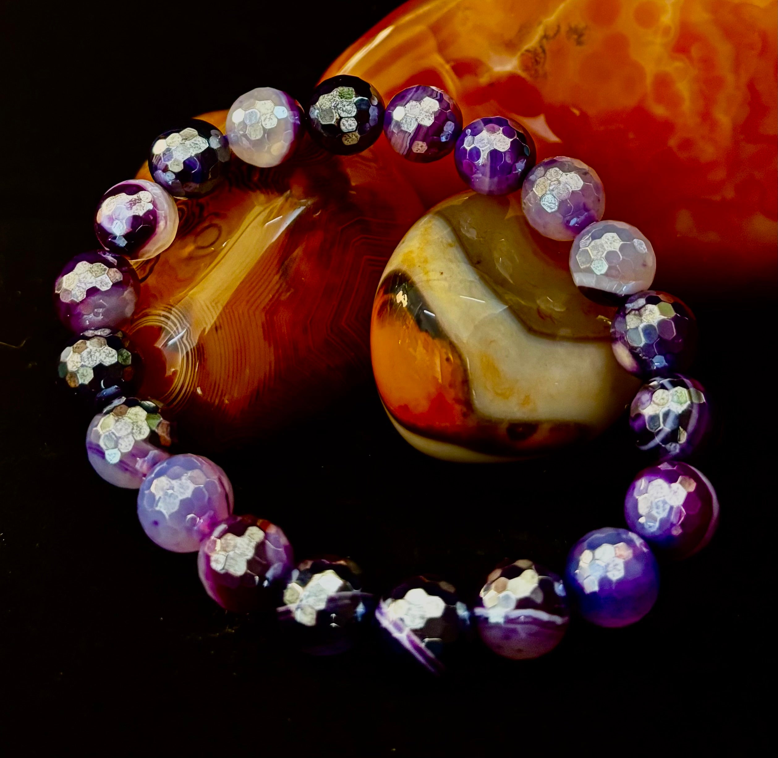 Mystic Purple Banded Agate Faceted Stretch Bracelet Statement Piece