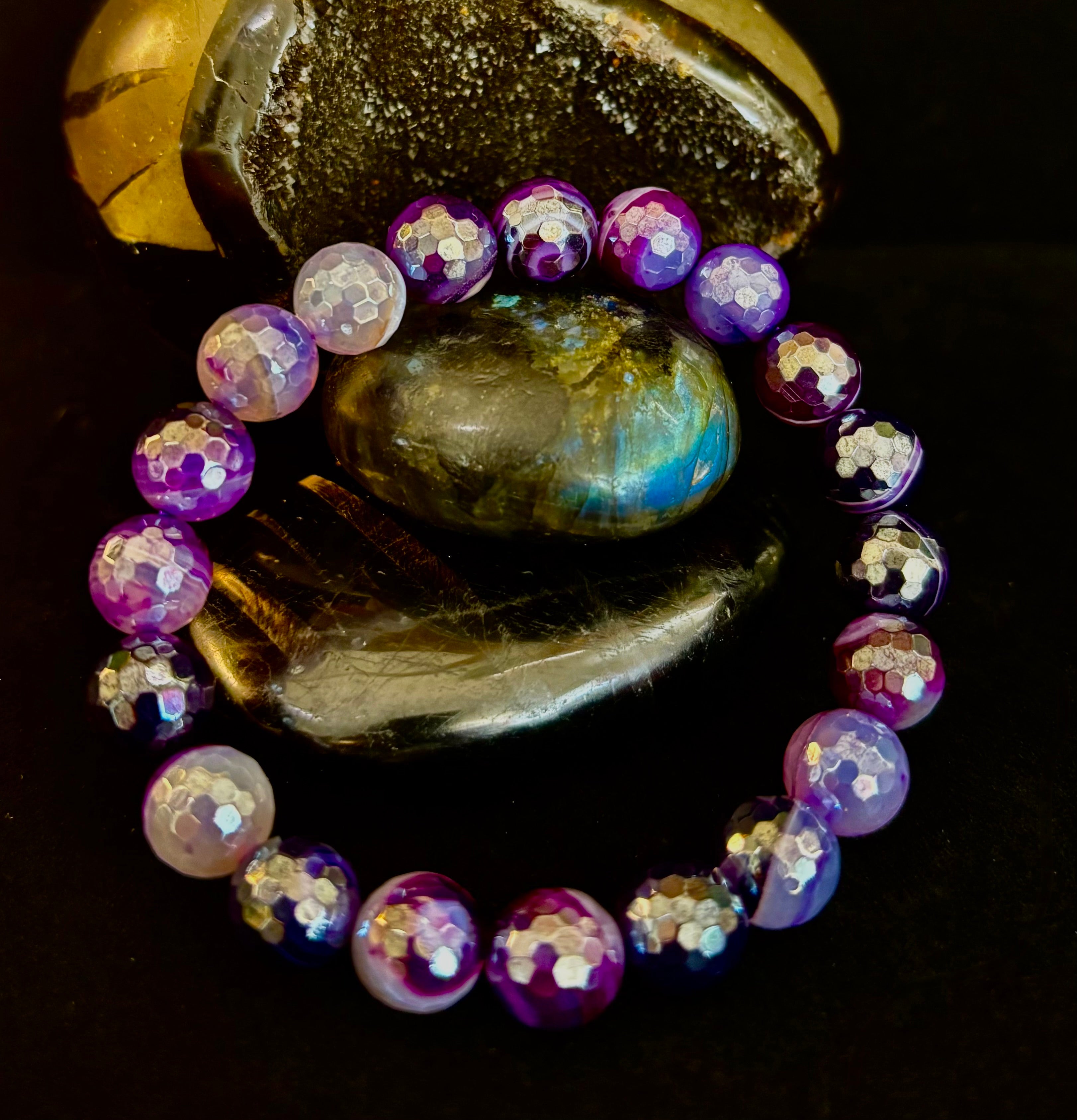 Mystic Purple Banded Agate Faceted Stretch Bracelet Statement Piece