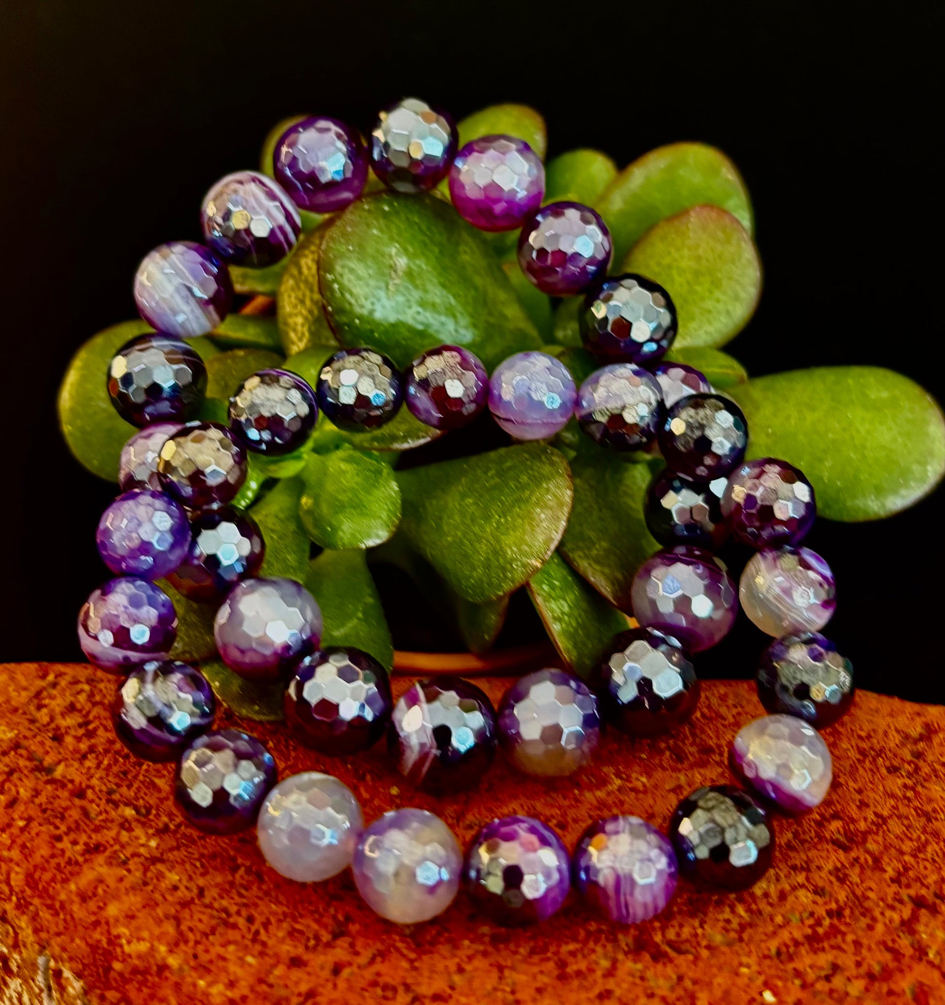 Mystic Purple Banded Agate Faceted Stretch Bracelet Statement Piece