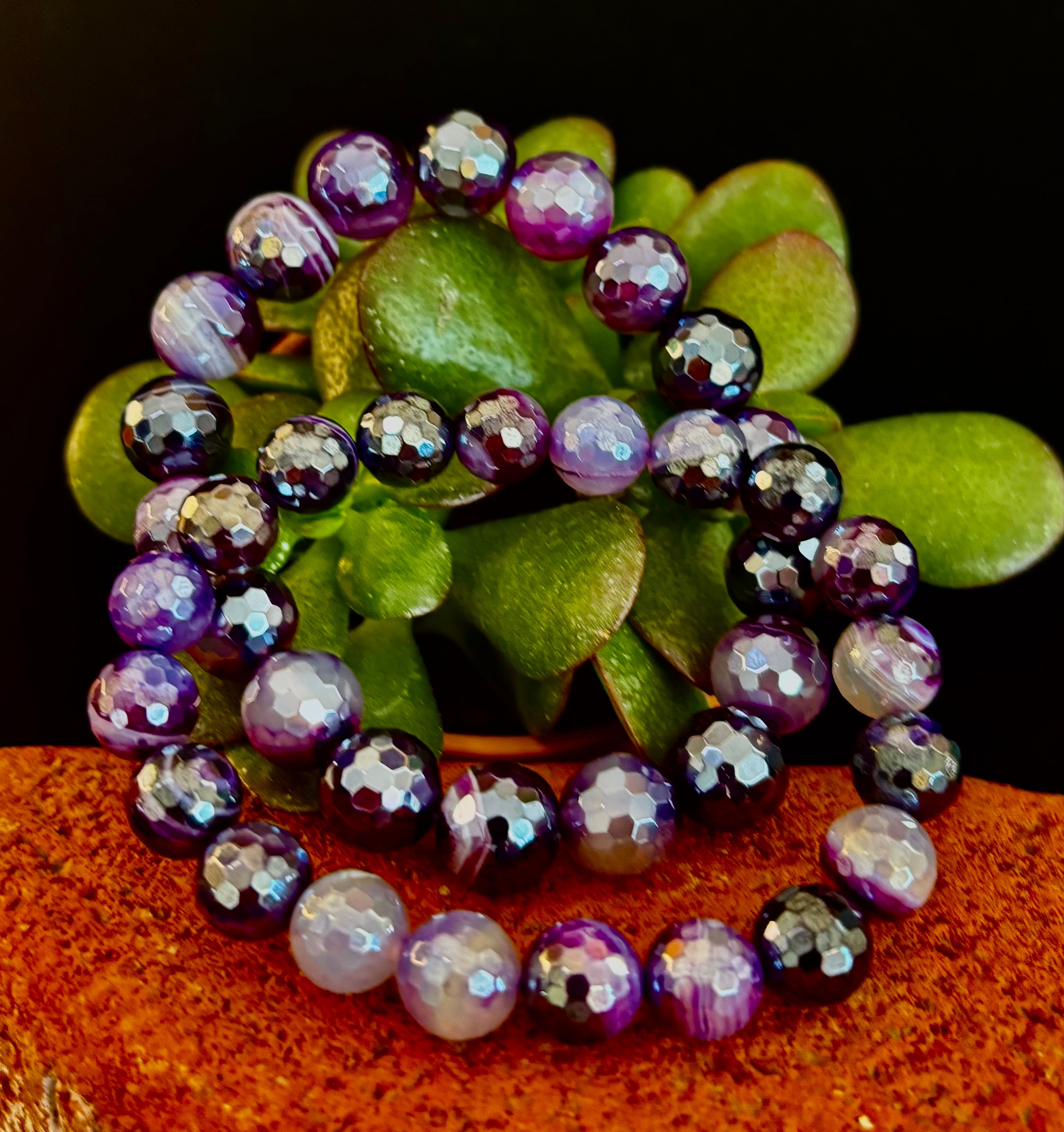Mystic Purple Banded Agate Faceted Stretch Bracelet Statement Piece