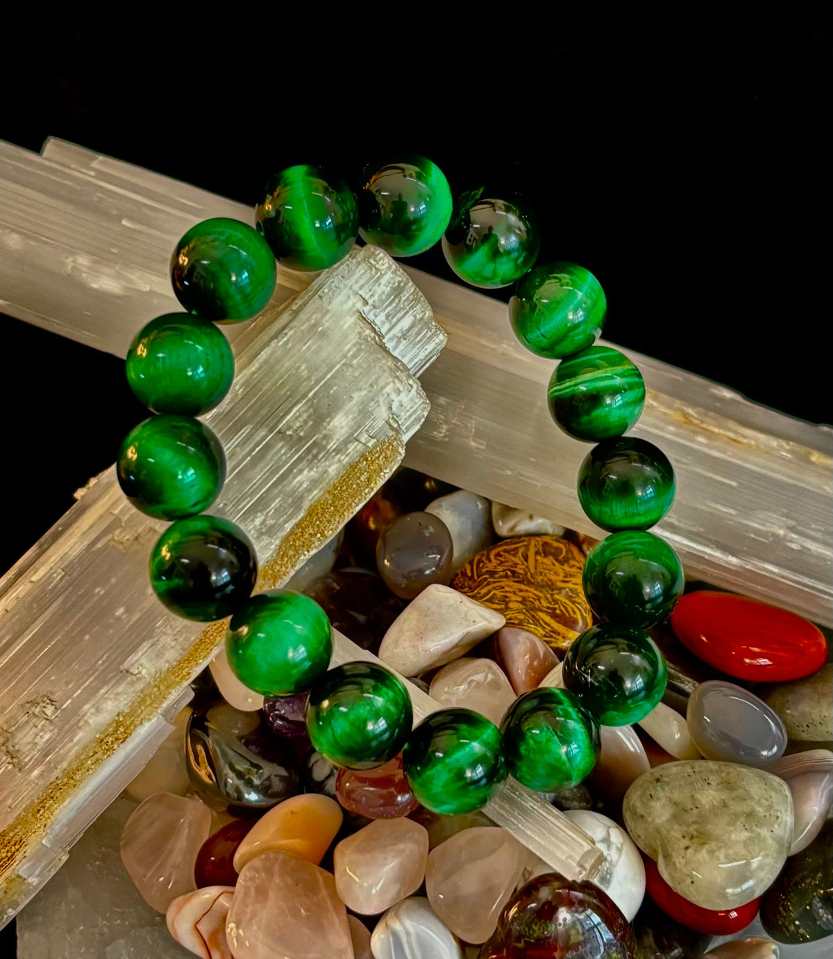 Green Tiger Eye Gemstone Statement Stretch Bracelet