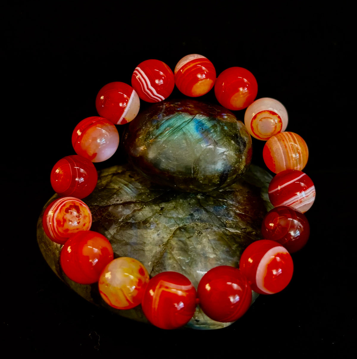 Fiery Spirit Red Banded Agate Beaded Stretch Bracelet