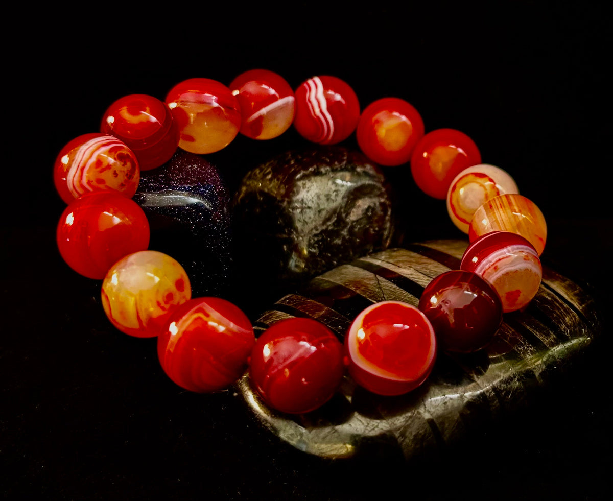 Fiery Spirit Red Banded Agate Beaded Stretch Bracelet