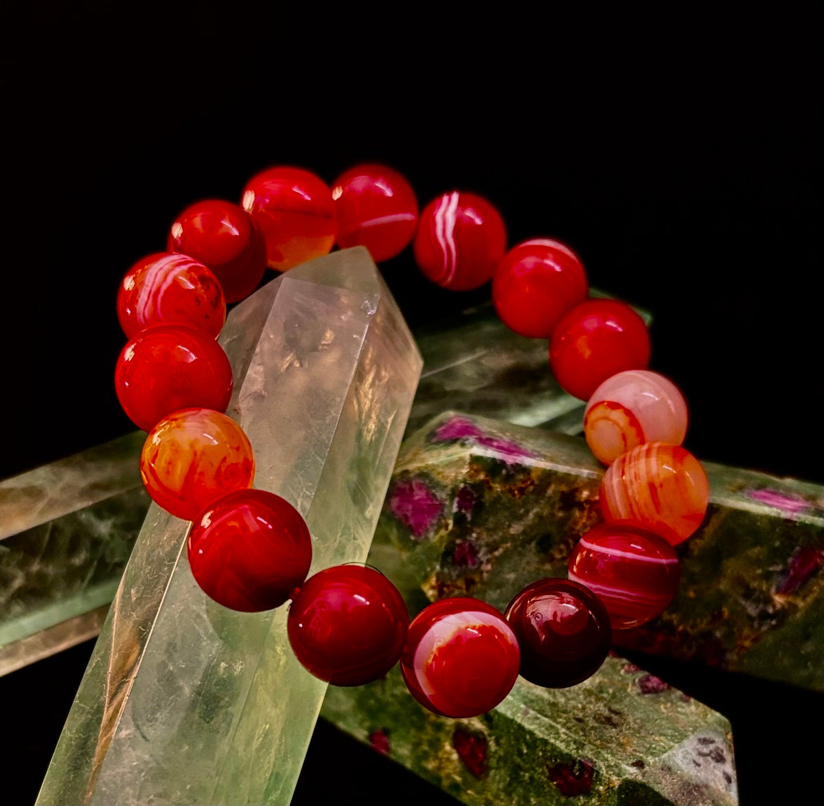Fiery Spirit Red Banded Agate Beaded Stretch Bracelet