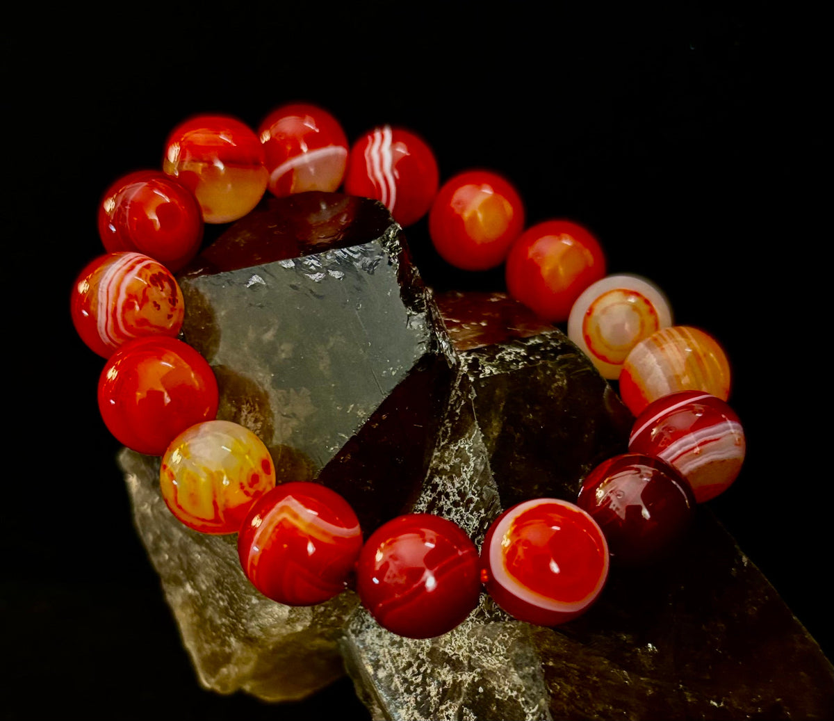 Fiery Spirit Red Banded Agate Beaded Stretch Bracelet