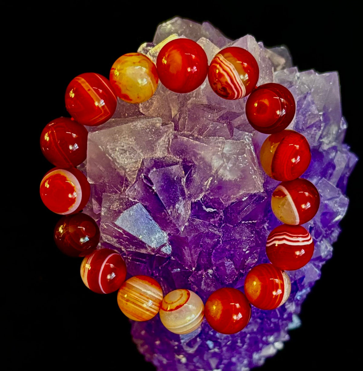 Fiery Spirit Red Banded Agate Beaded Stretch Bracelet