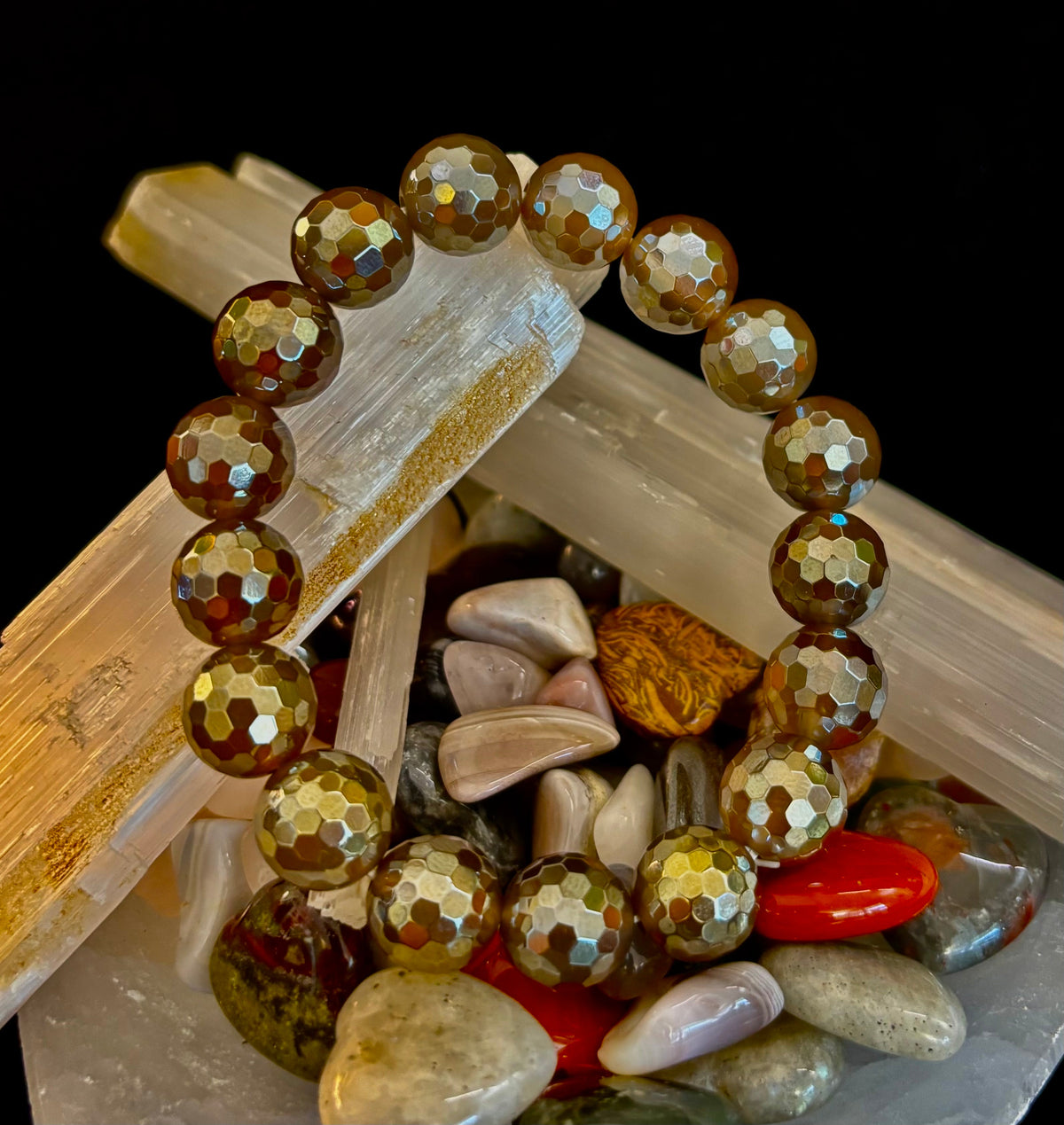 Champagne Glow Faceted Agate Gemstone Stretch Bracelet