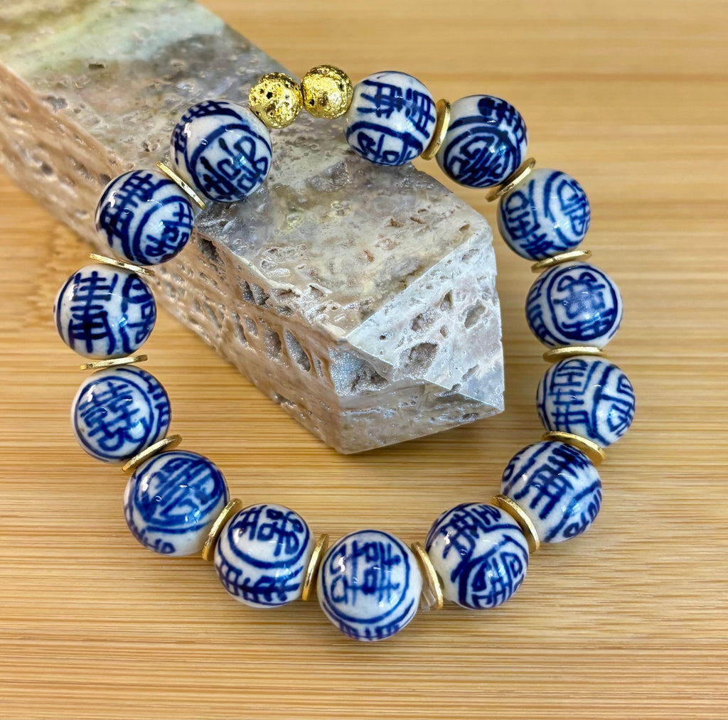 Blue Willow Chinoiserie Ceramic Bead Bracelet with Brass Accents