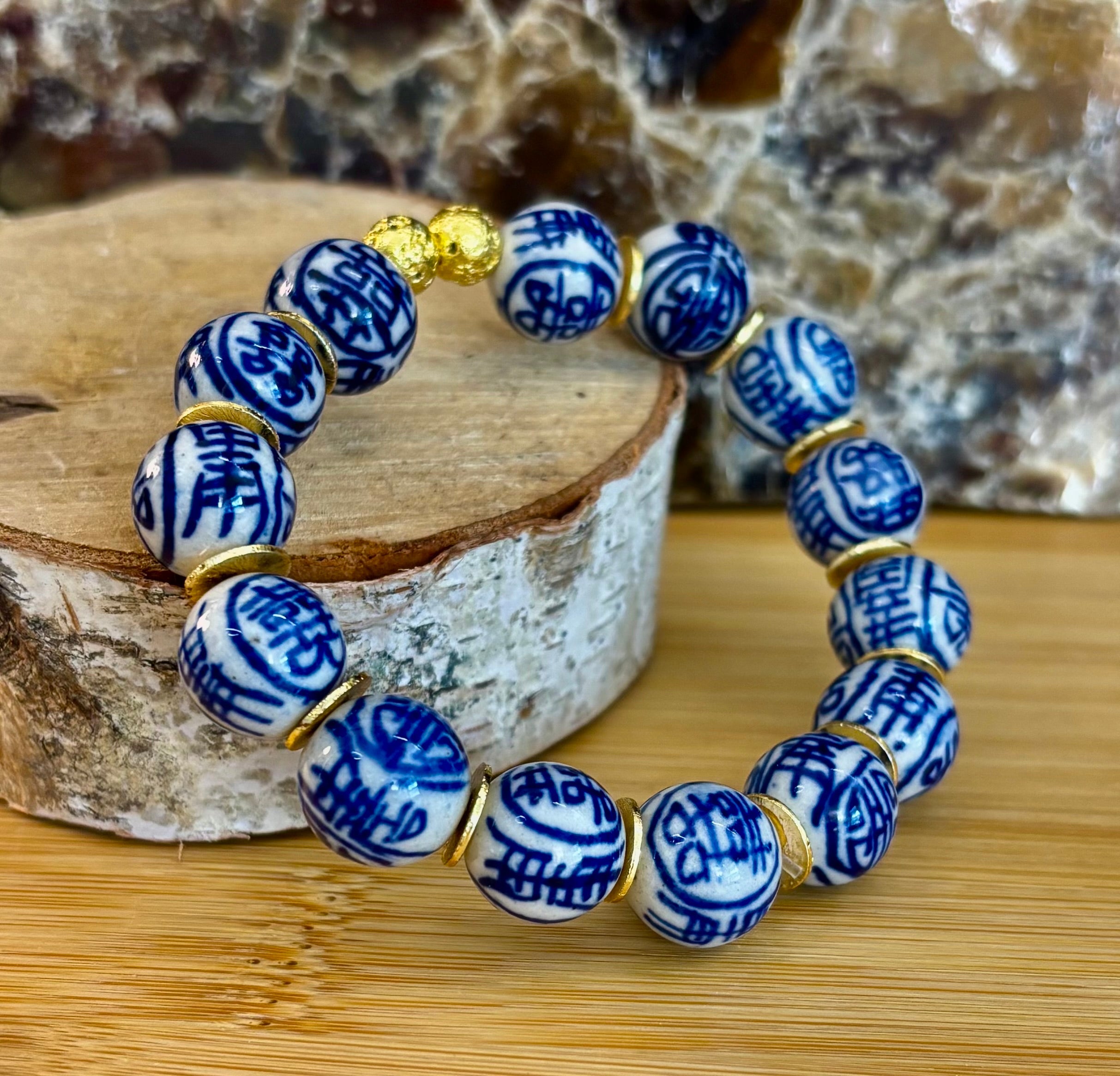 Blue Willow Chinoiserie Ceramic Bead Bracelet with Brass Accents