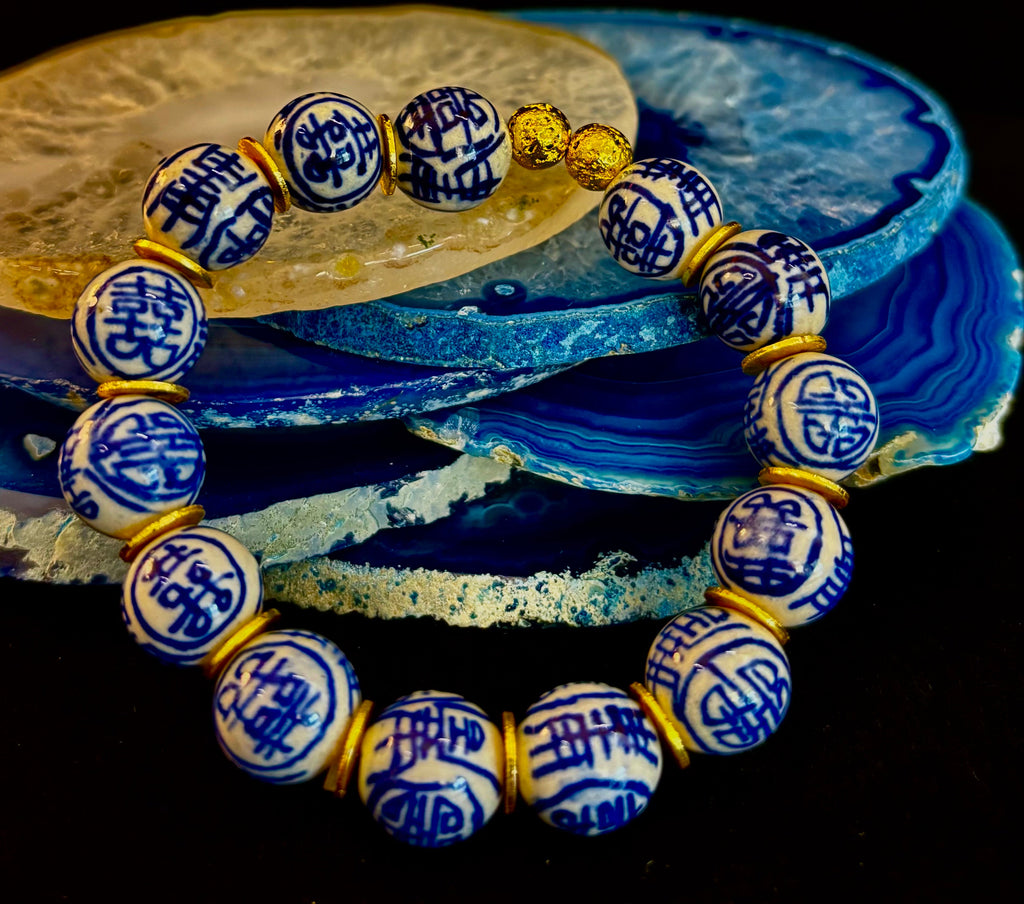Blue Willow Chinoiserie Ceramic Bead Bracelet with Brass Accents