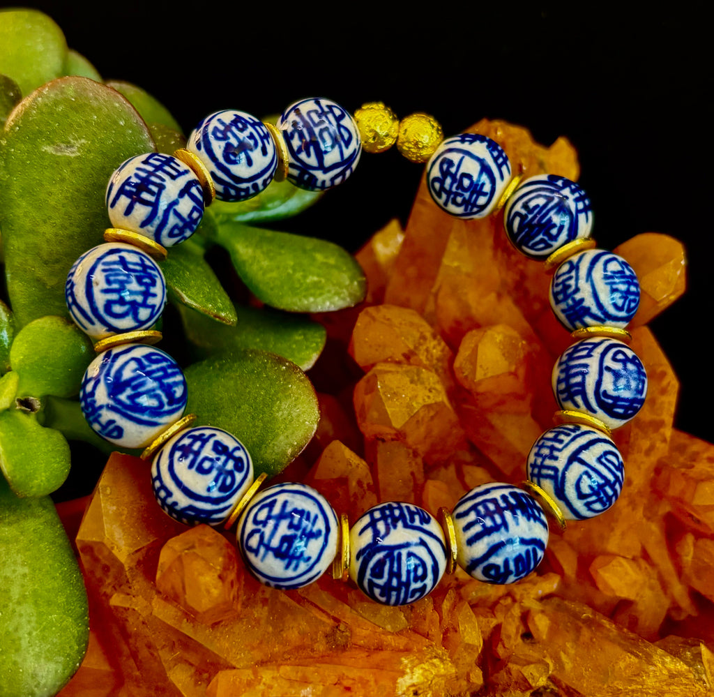 Blue Willow Chinoiserie Ceramic Bead Bracelet with Brass Accents