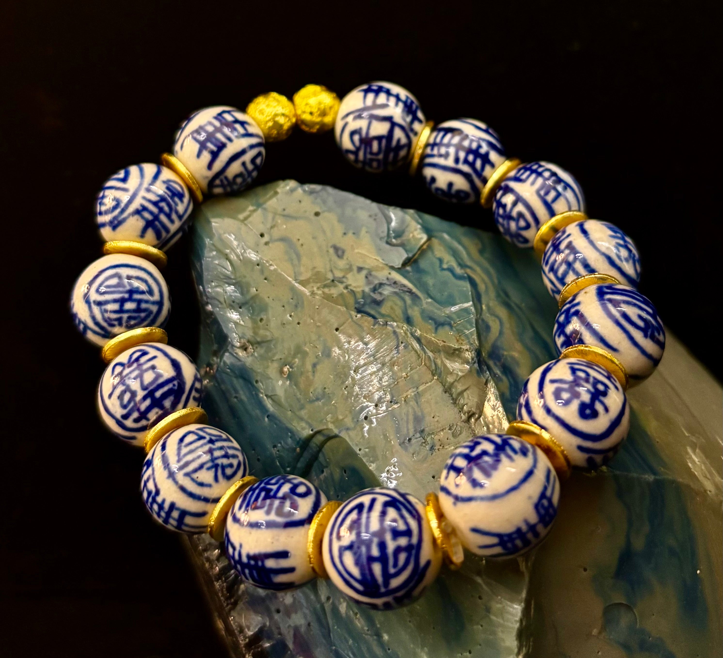 Blue Willow Chinoiserie Ceramic Bead Bracelet with Brass Accents