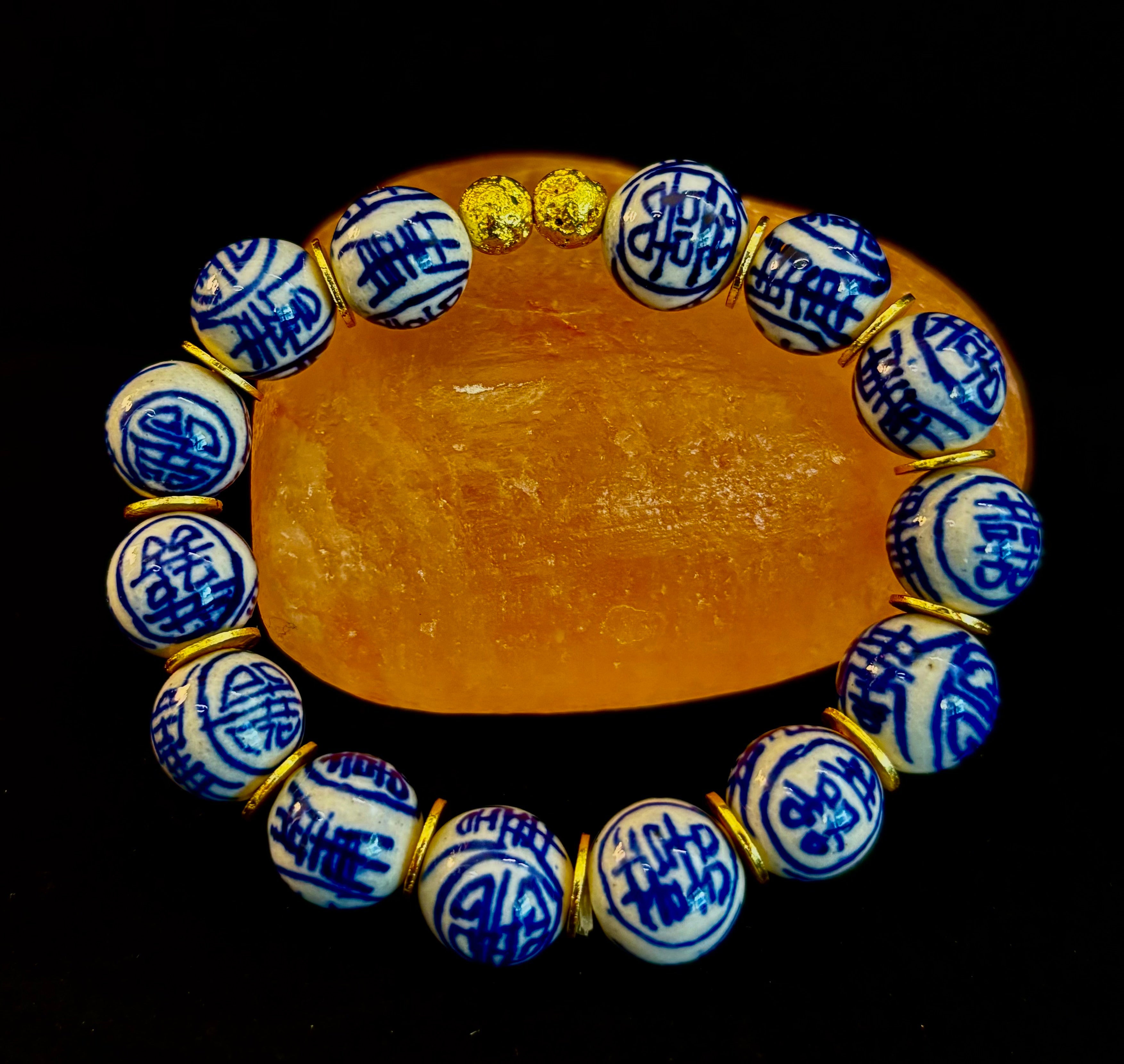 Blue Willow Chinoiserie Ceramic Bead Bracelet with Brass Accents