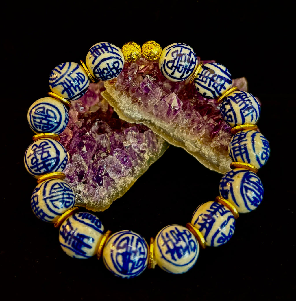 Blue Willow Chinoiserie Ceramic Bead Bracelet with Brass Accents