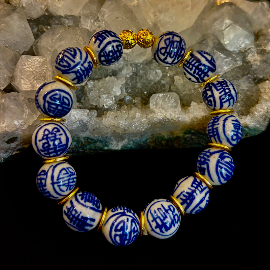 Blue Willow Chinoiserie Ceramic Bead Bracelet with Brass Accents