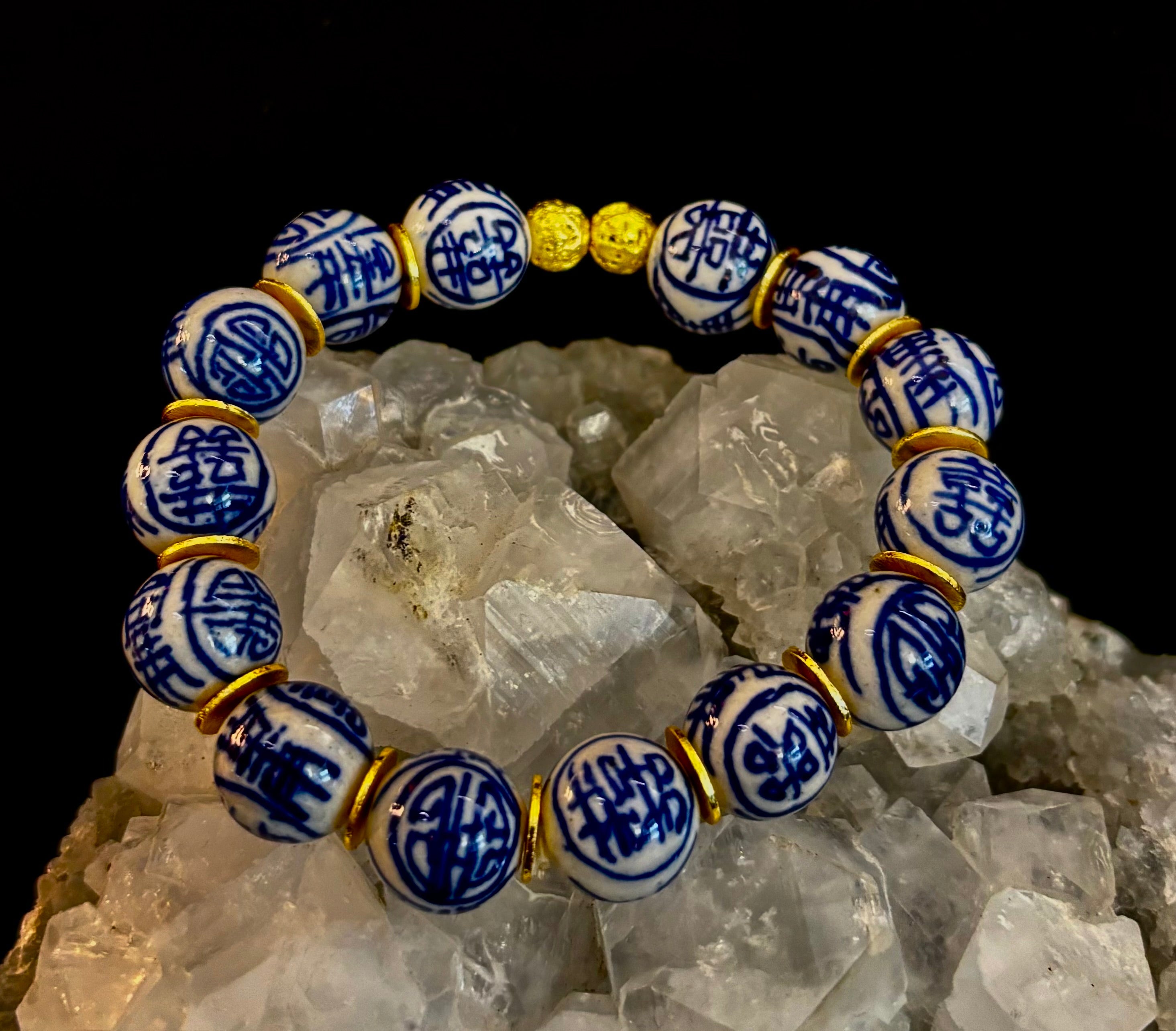 Blue Willow Chinoiserie Ceramic Bead Bracelet with Brass Accents