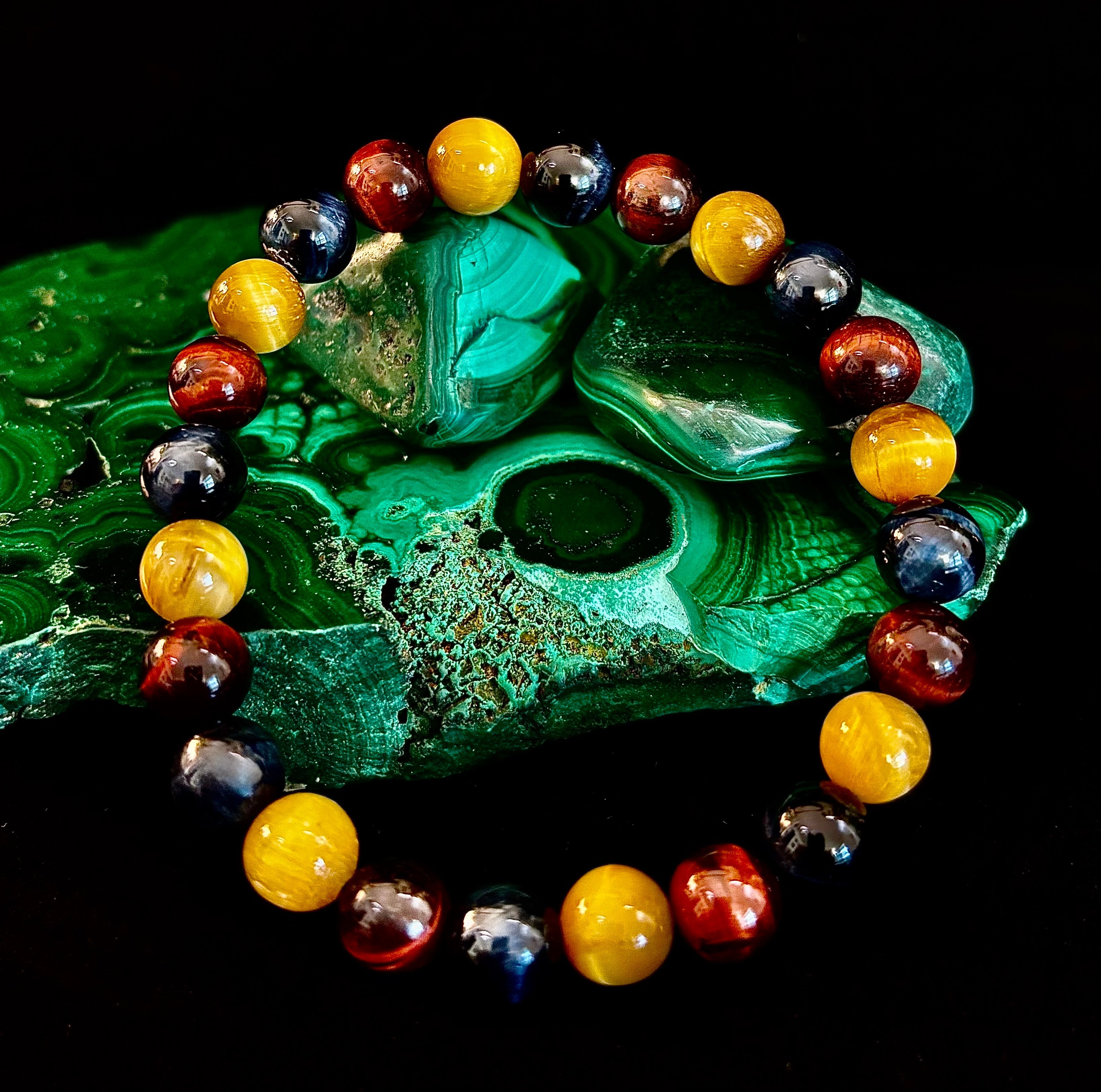 Triple Power Tiger Eye Bracelet: Yellow, Brown & Blue Stones