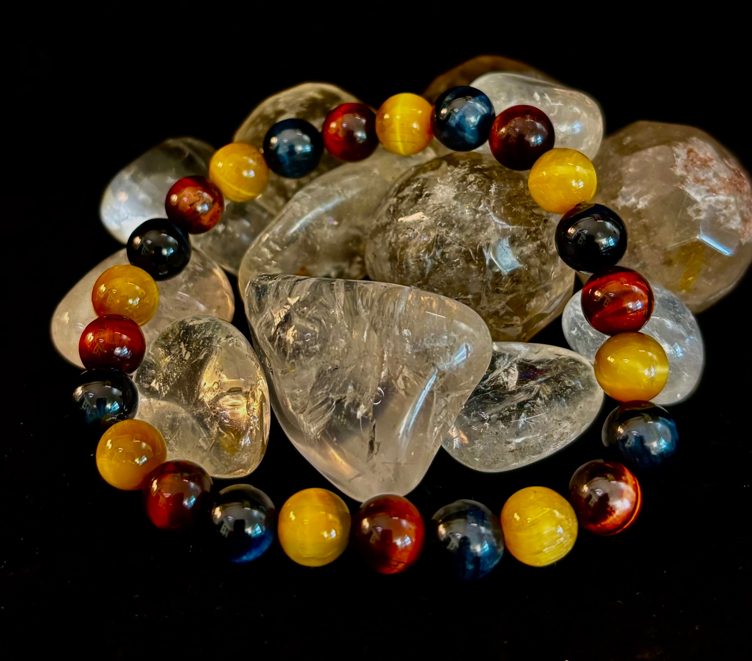 Triple Power Tiger Eye Bracelet: Yellow, Brown & Blue Stones