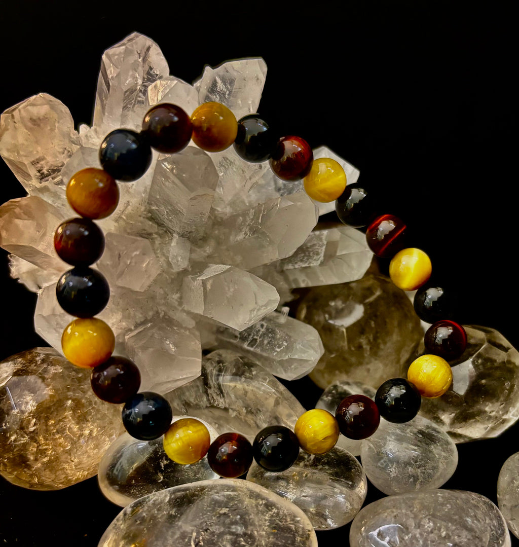 Triple Power Tiger Eye Bracelet: Yellow, Brown & Blue Stones