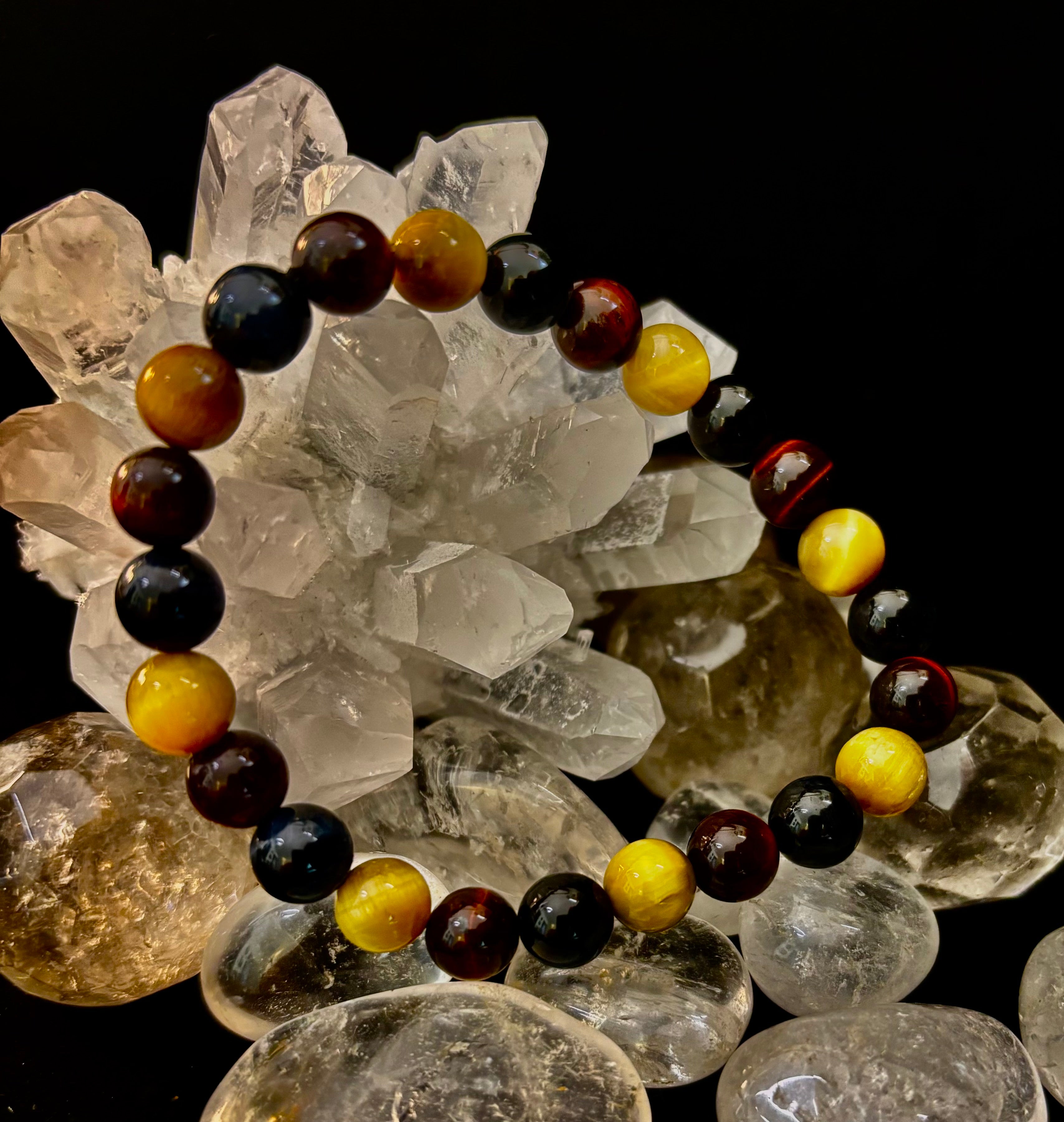 Triple Power Tiger Eye Bracelet: Yellow, Brown & Blue Stones