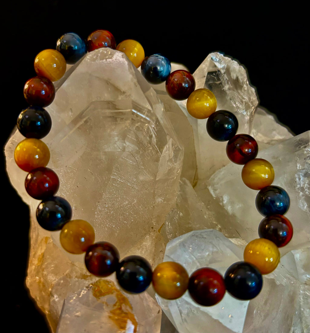 Triple Power Tiger Eye Bracelet: Yellow, Brown & Blue Stones