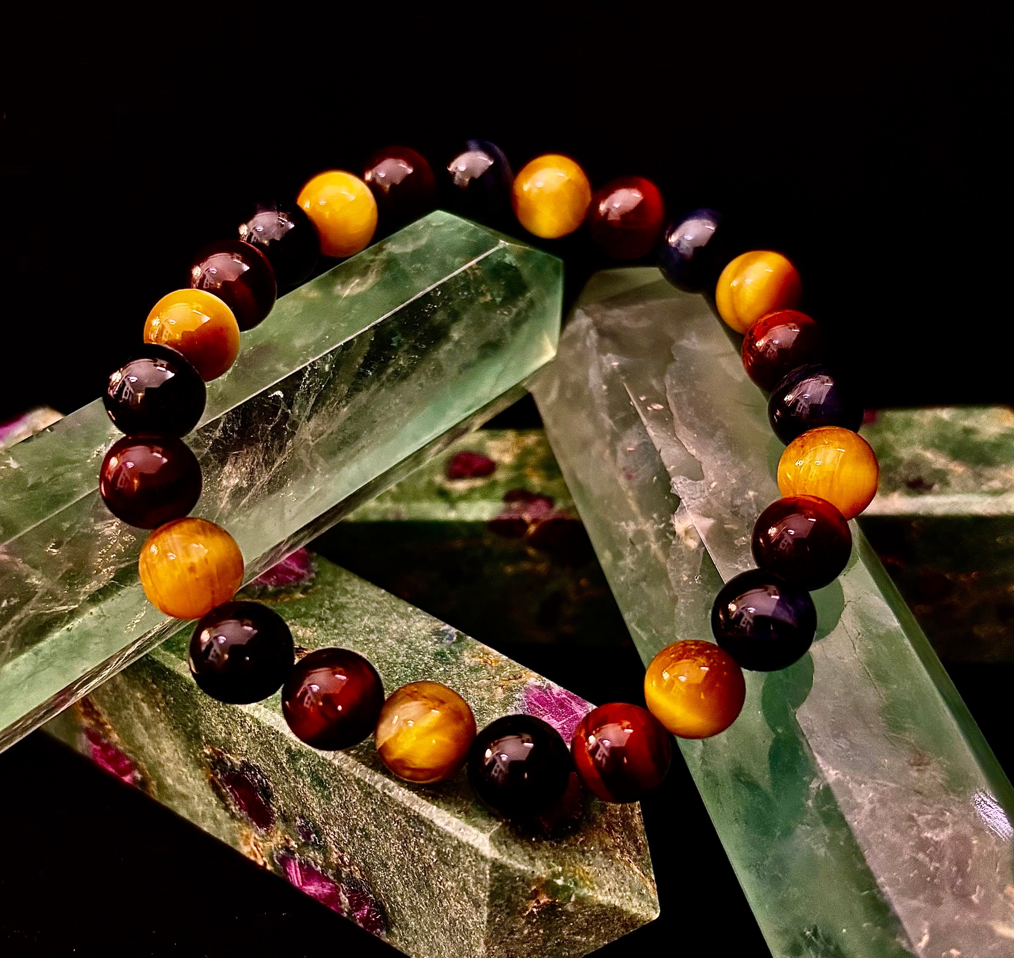 Triple Power Tiger Eye Bracelet: Yellow, Brown & Blue Stones