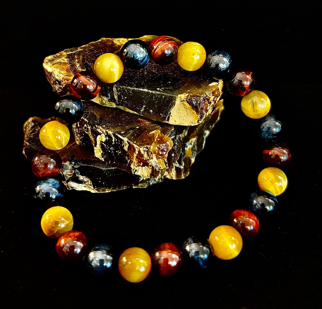 Triple Power Tiger Eye Bracelet: Yellow, Brown & Blue Stones