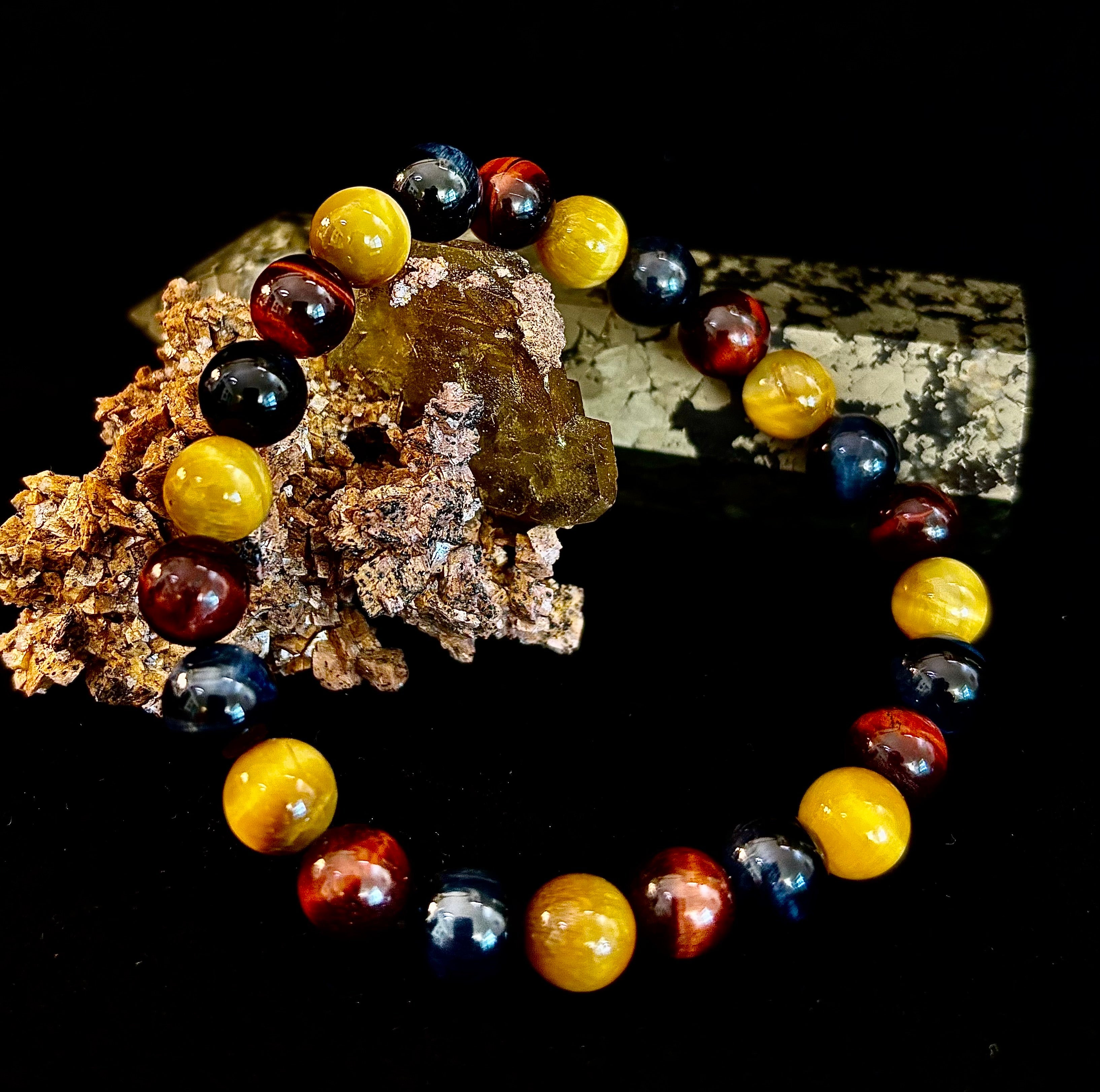 Triple Power Tiger Eye Bracelet: Yellow, Brown & Blue Stones
