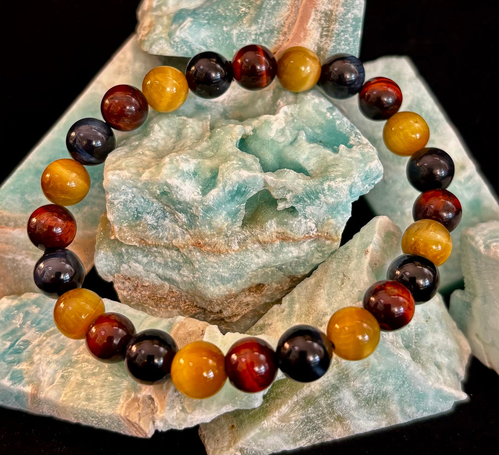 Triple Power Tiger Eye Bracelet: Yellow, Brown & Blue Stones