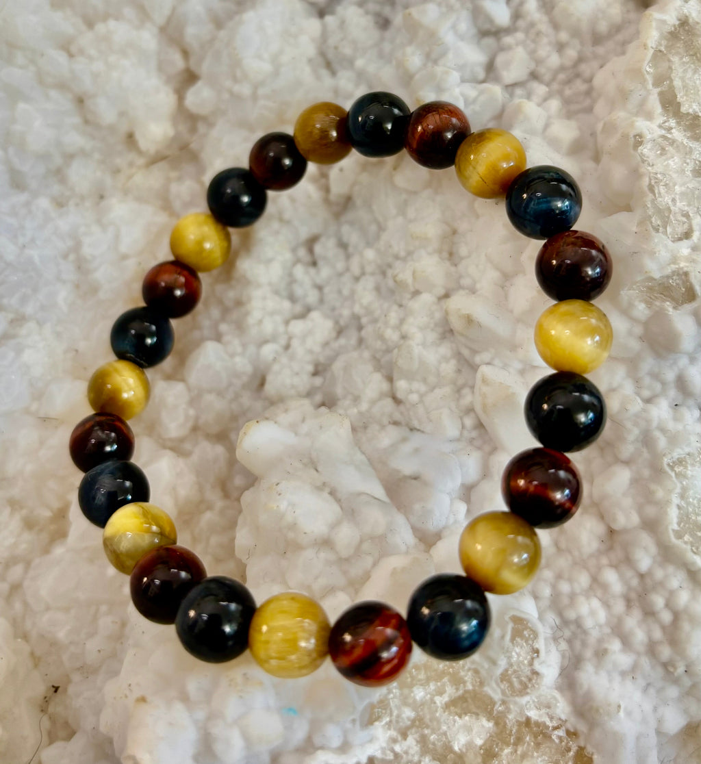 Triple Power Tiger Eye Bracelet: Yellow, Brown & Blue Stones