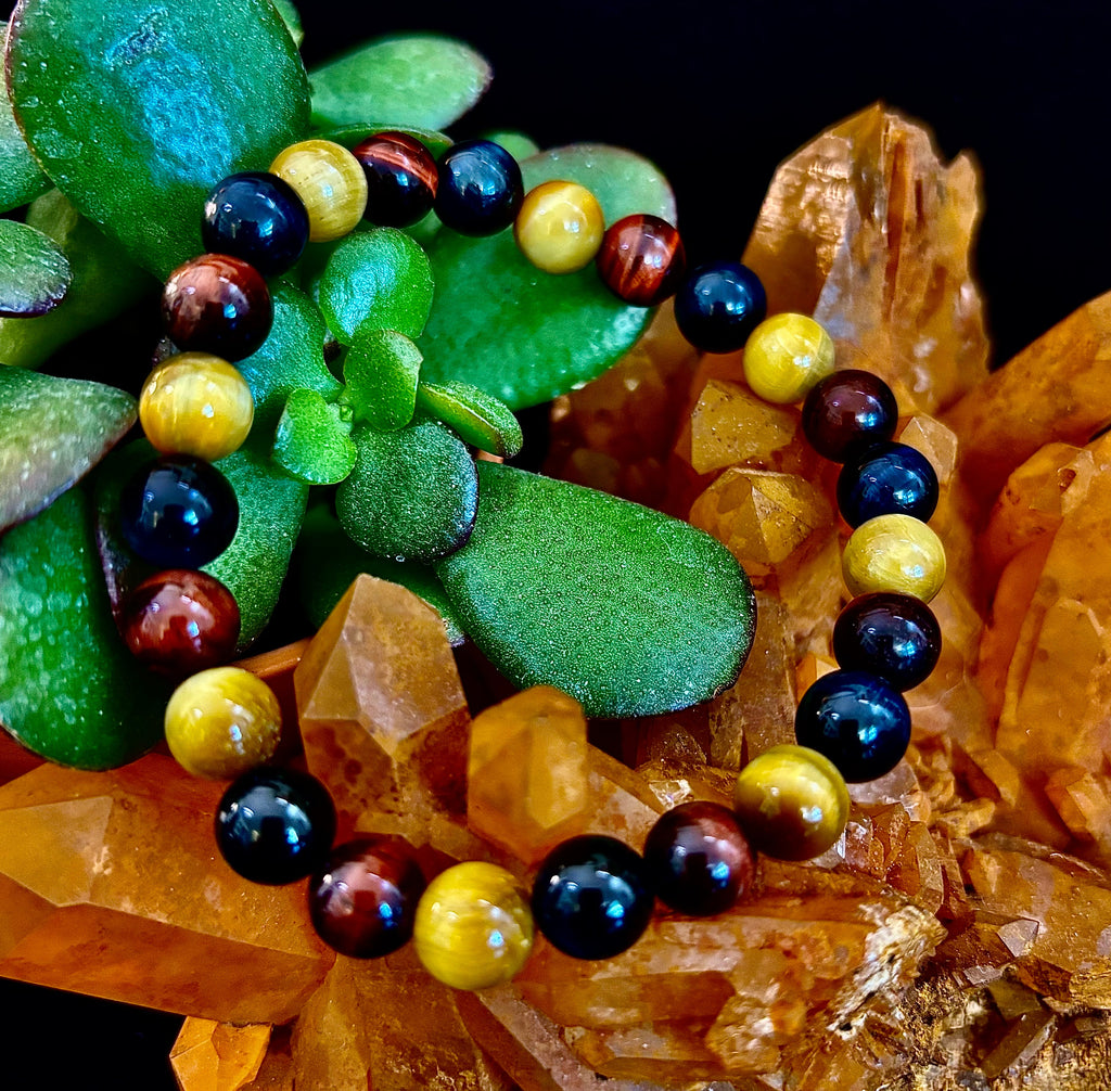 Triple Power Tiger Eye Bracelet: Yellow, Brown & Blue Stones