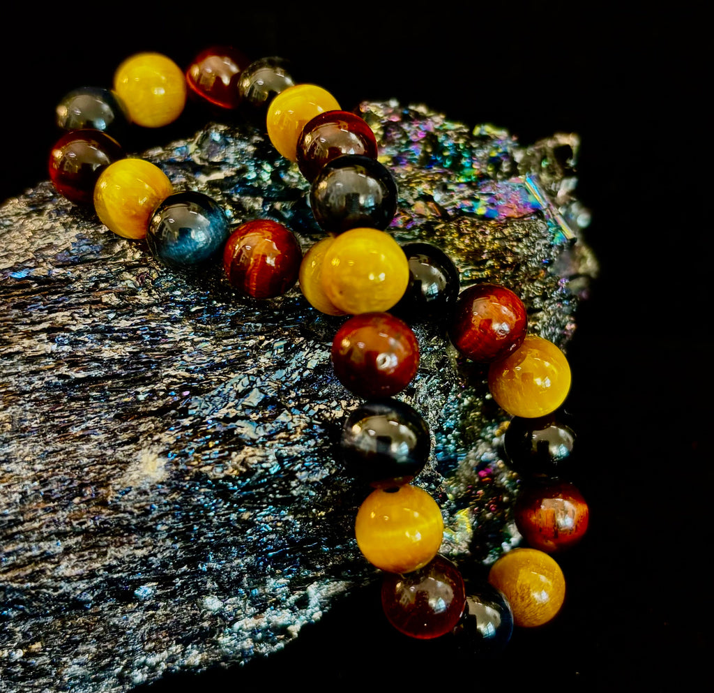 Triple Power Tiger Eye Bracelet: Yellow, Brown & Blue Stones