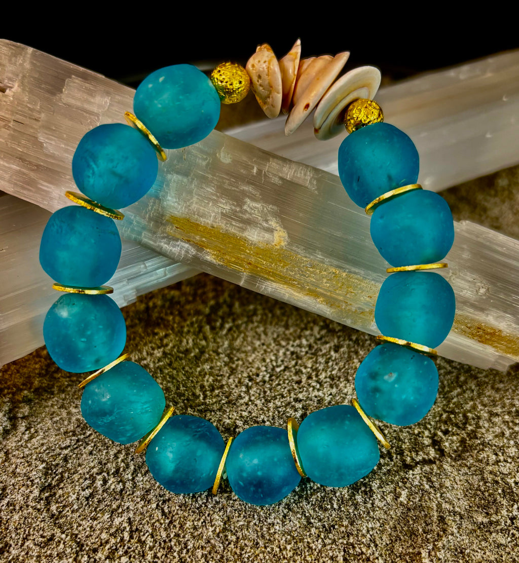 Tidal Serenity Bracelet: Teal, Gold & Off-White Coastal Jewelry