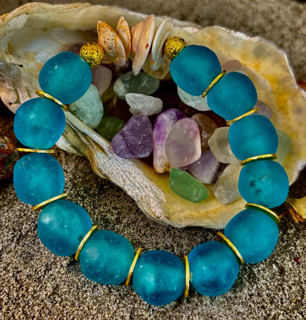 Tidal Serenity Bracelet: Teal, Gold & Off-White Coastal Jewelry