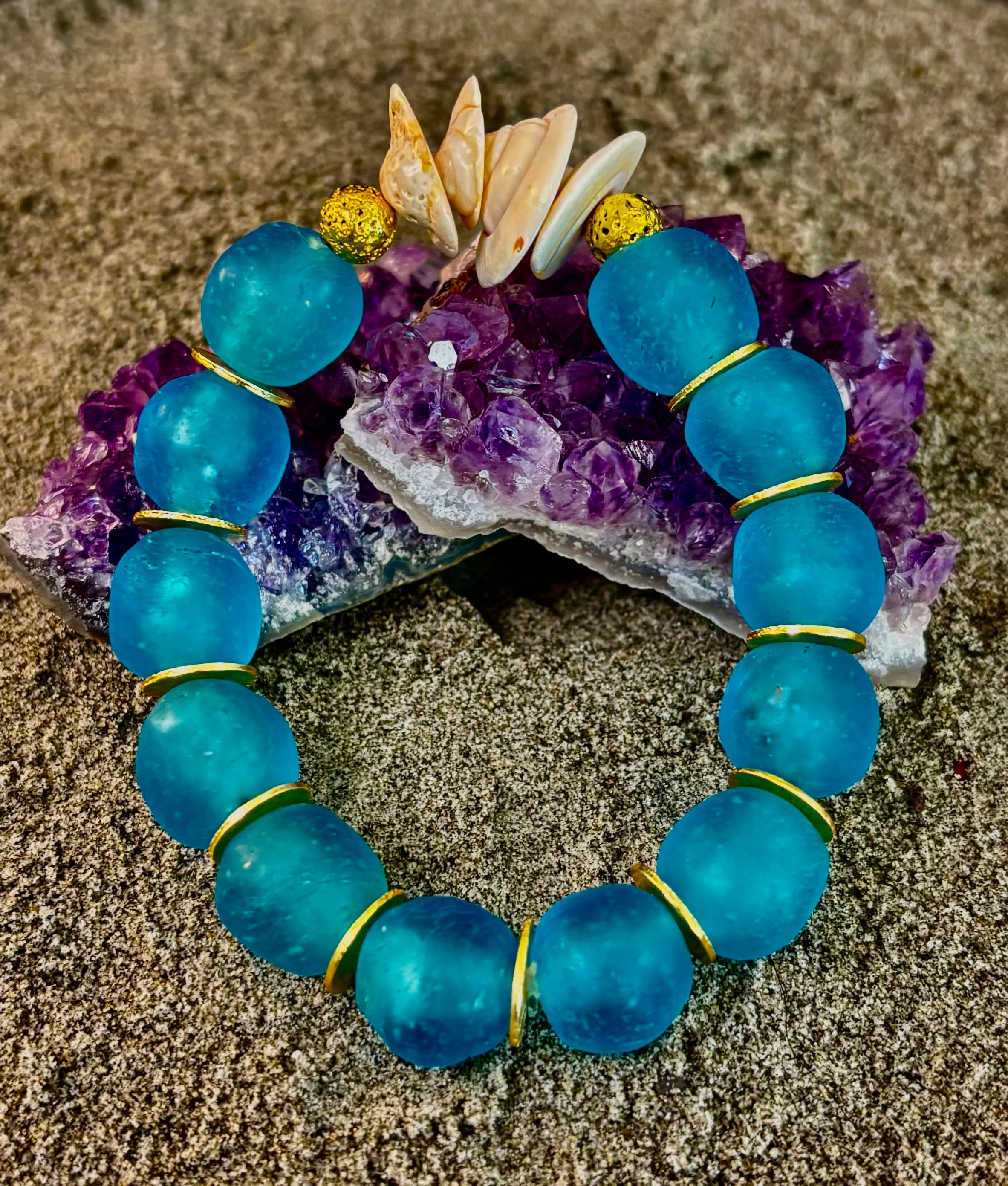 Tidal Serenity Bracelet: Teal, Gold & Off-White Coastal Jewelry