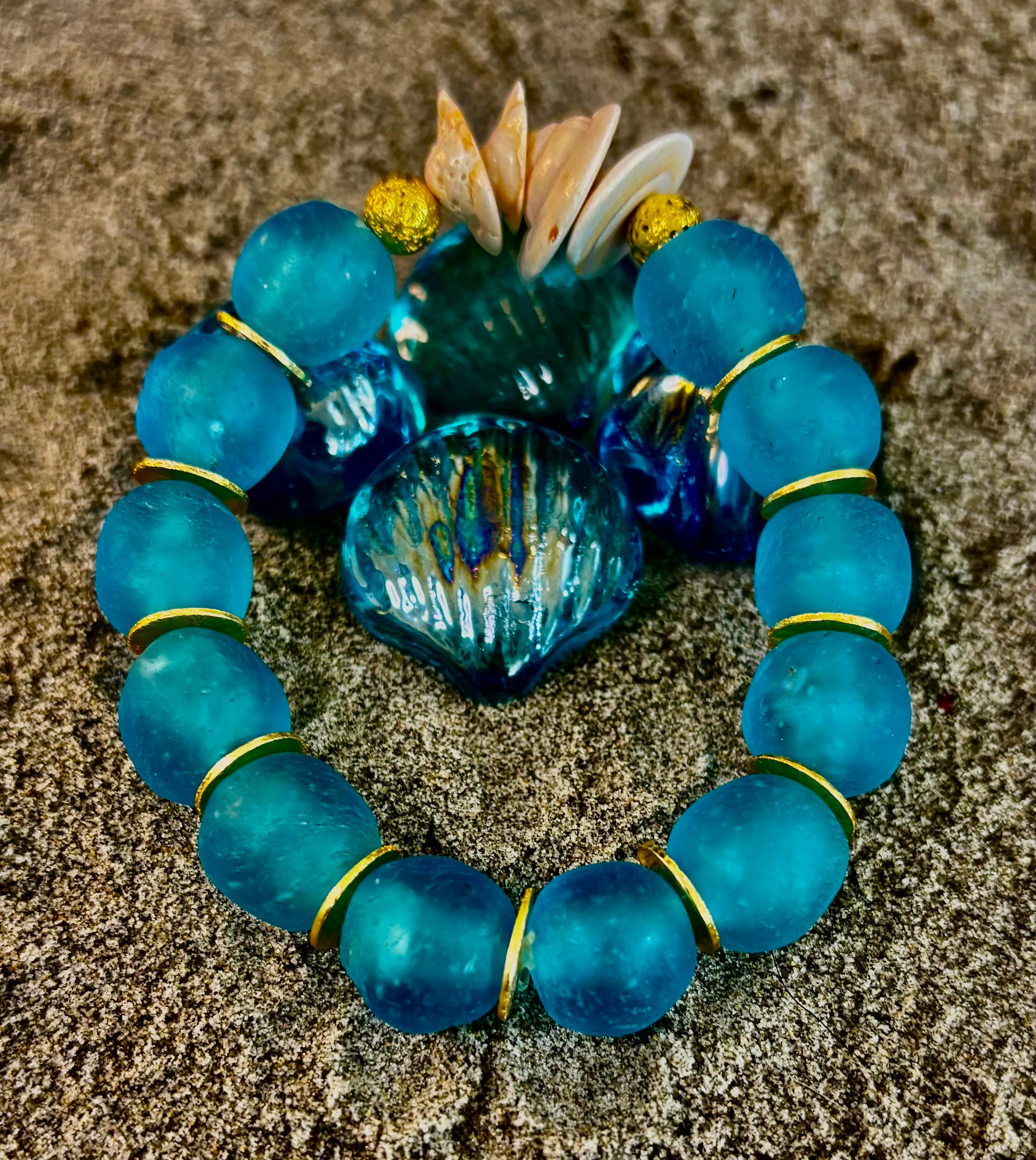 Tidal Serenity Bracelet: Teal, Gold & Off-White Coastal Jewelry
