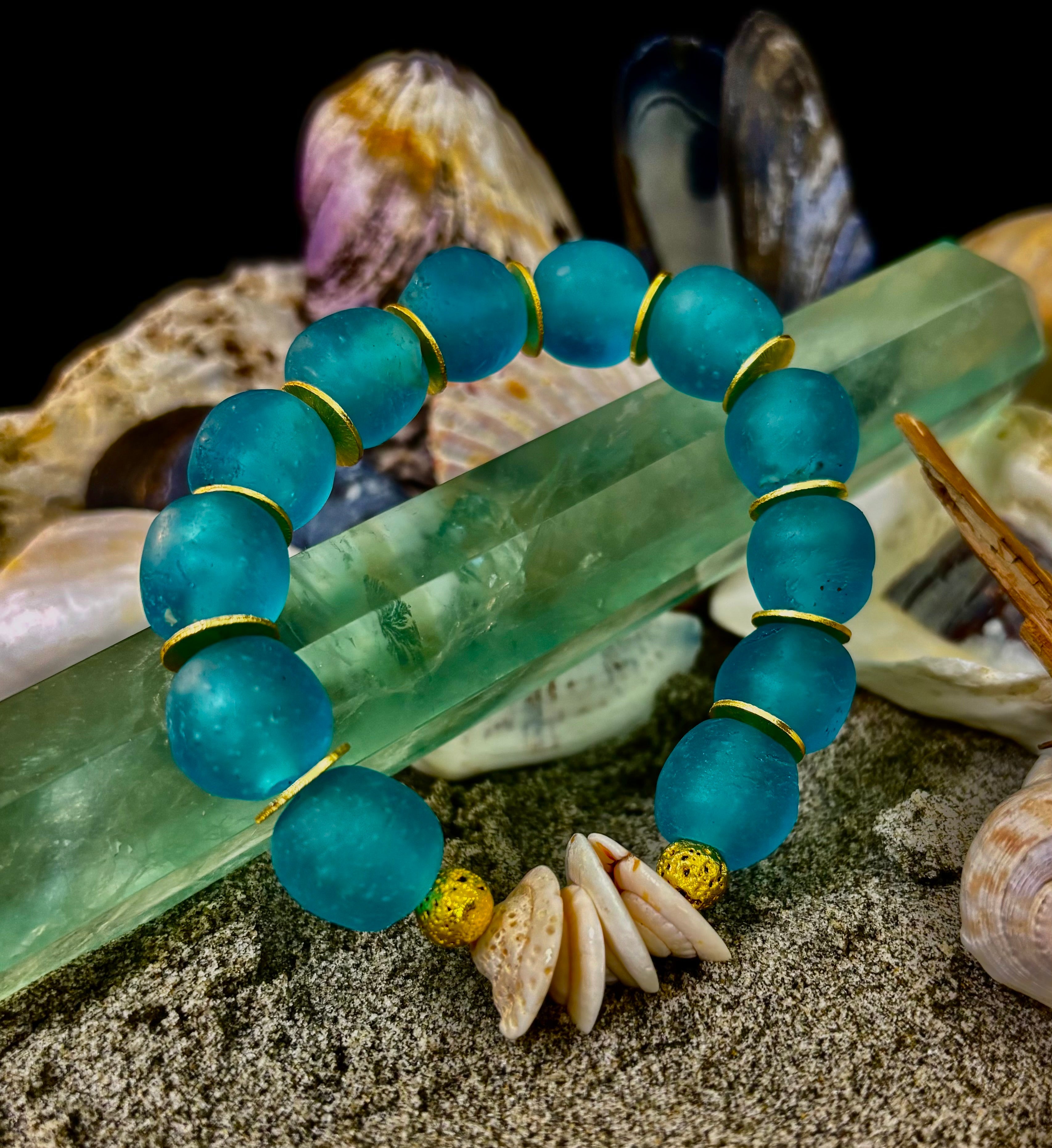 Tidal Serenity Bracelet: Teal, Gold & Off-White Coastal Jewelry