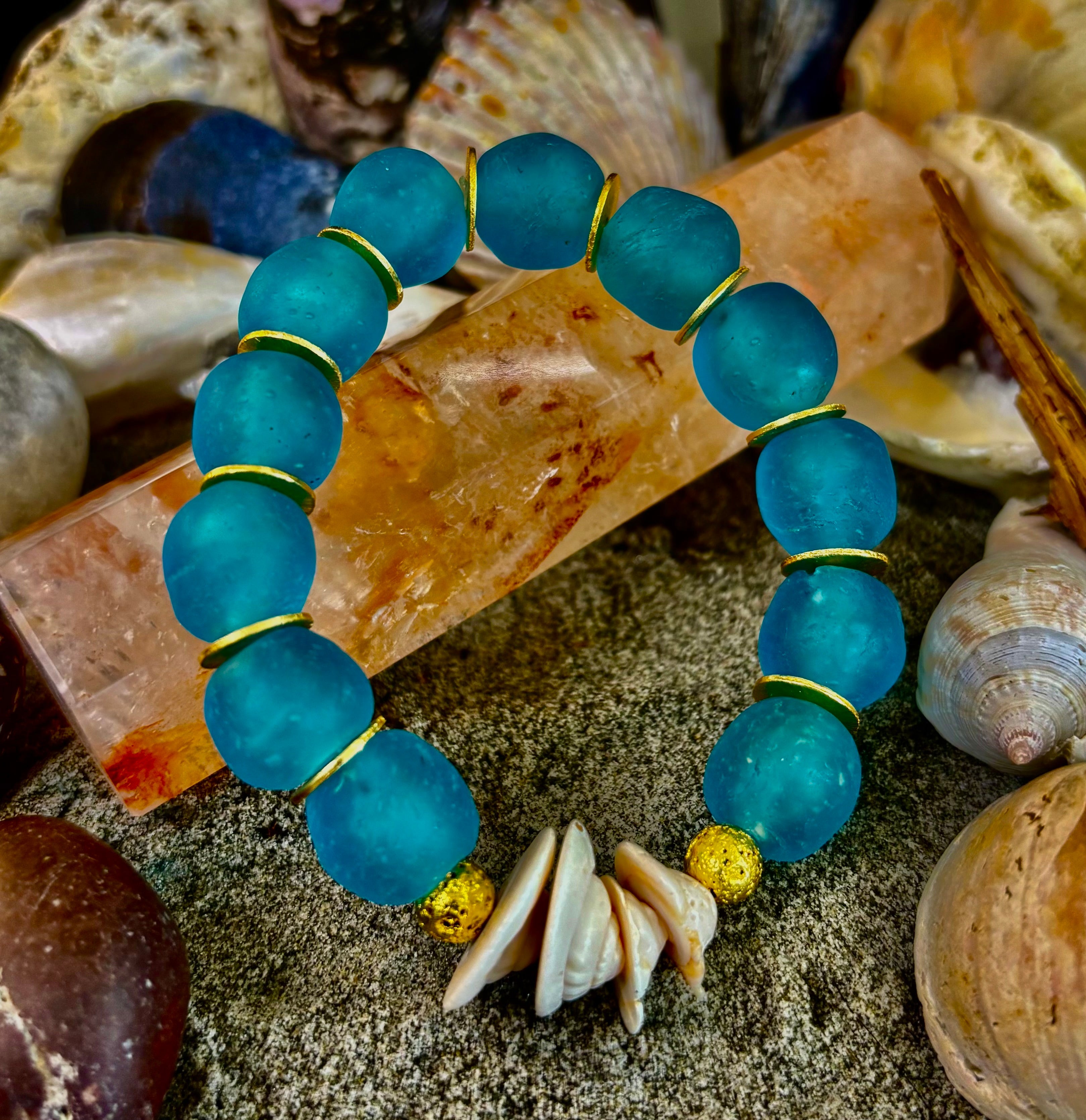 Tidal Serenity Bracelet: Teal, Gold & Off-White Coastal Jewelry