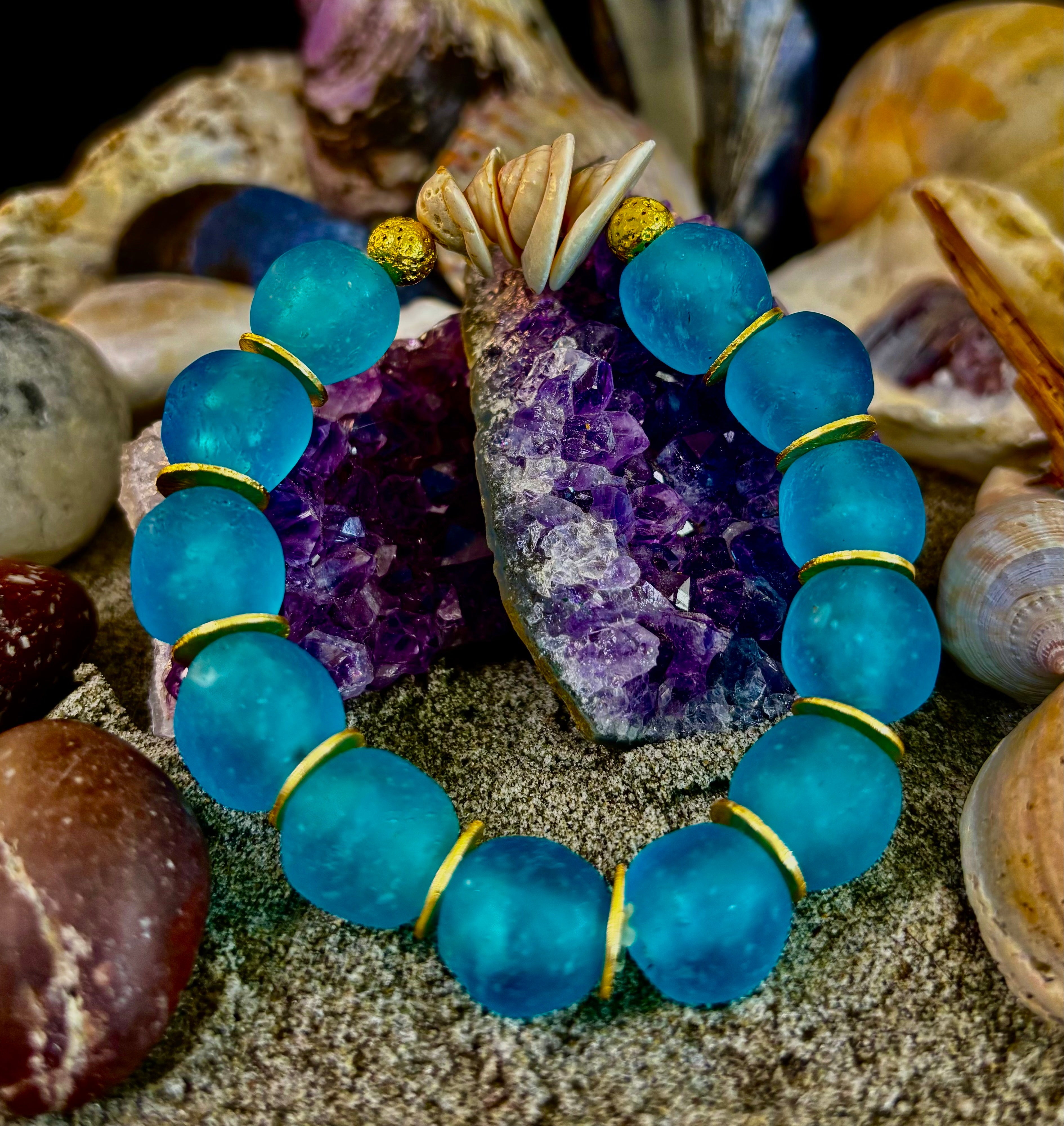 Tidal Serenity Bracelet: Teal, Gold & Off-White Coastal Jewelry