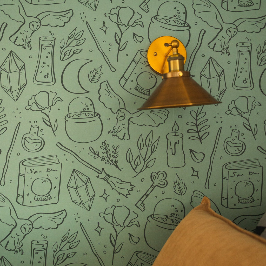 Hedwig sage-green and charcoal-grey whimsical wallpaper