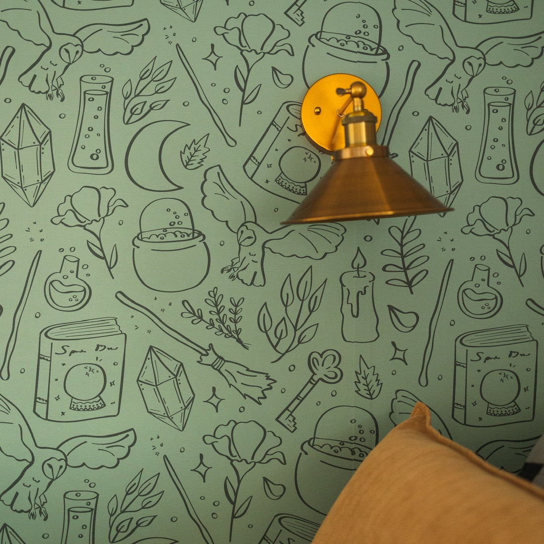 Hedwig sage-green and charcoal-grey whimsical wallpaper