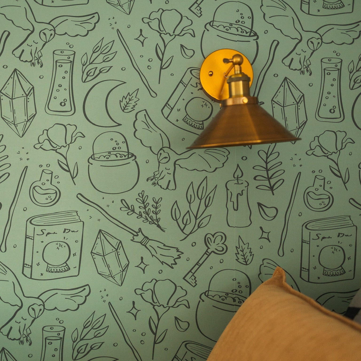 Hedwig sage-green and charcoal-grey whimsical wallpaper