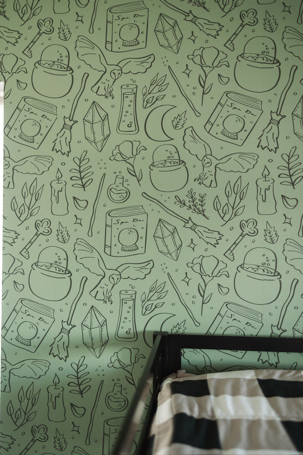 Hedwig Whimsical Wizarding-Core Wallpaper in Sage and Charcoal