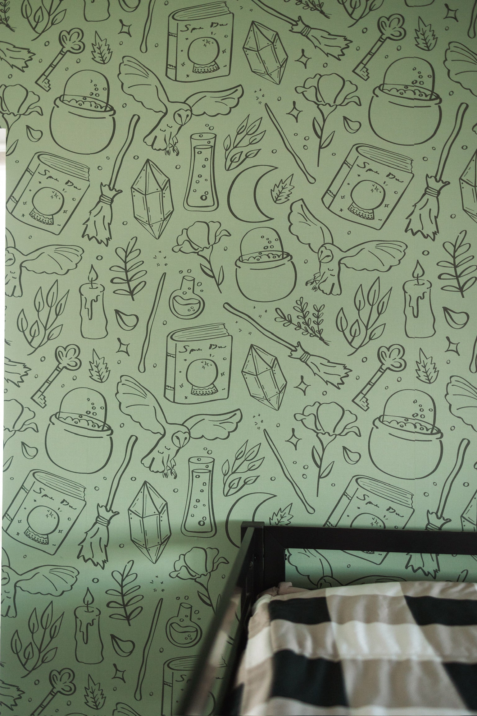 Hedwig Whimsical Wizarding-Core Wallpaper in Sage and Charcoal